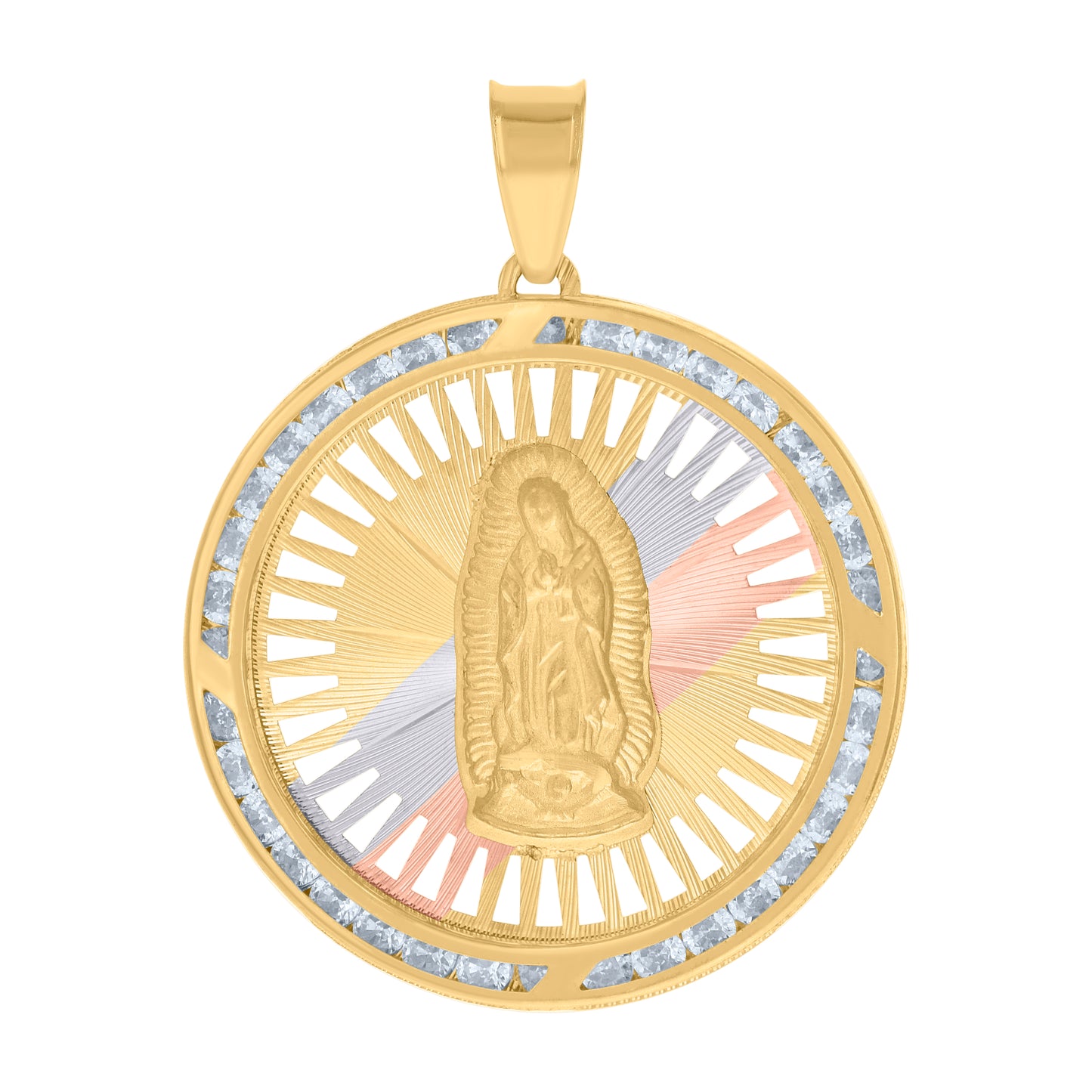 10k Tri Tone Gold Unisex Cubic Zirconia Lady Of Guadalupe Religious Pendant