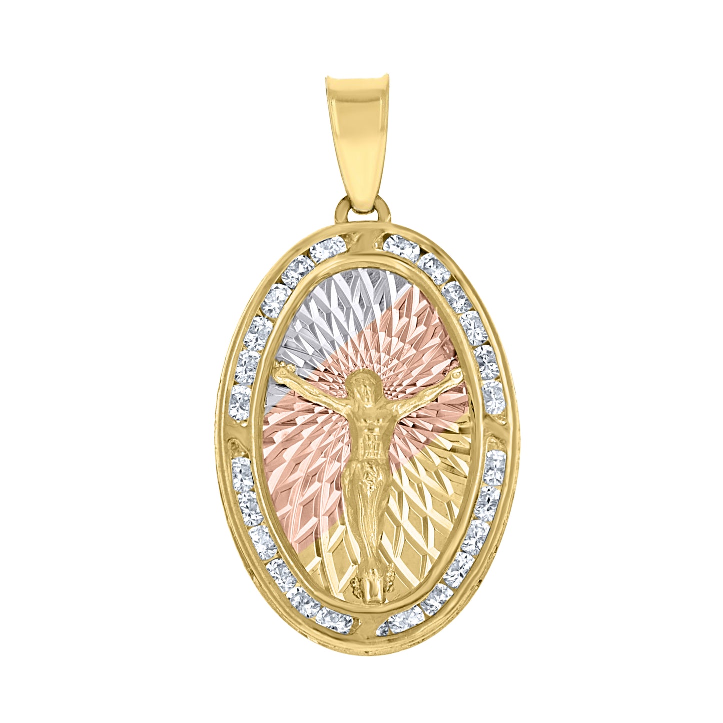 10kt Tri-Color Gold Unisex Cubic-Zirconia Diamond-Cut Crucifix Religious Oval Charm Pendant