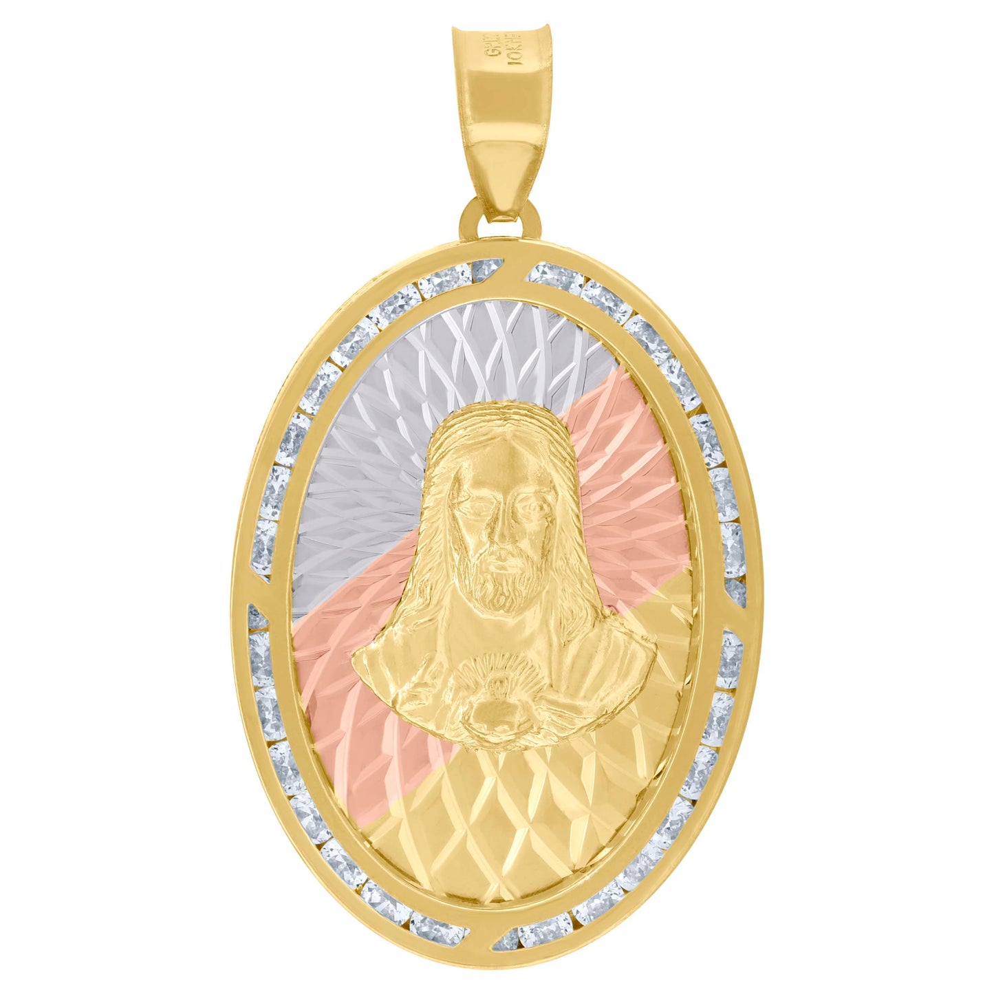 10kt Tri-Color Gold Unisex Cubic-Zirconia Textured Sacred Heart Of Jesus Religious Oval Charm Pendant