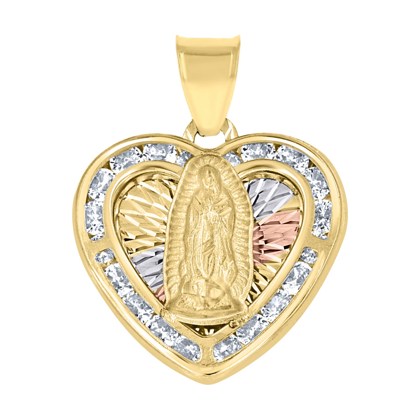 10kt Tri-Color Gold Unisex Cubic-Zirconia Diamond-Cut Lady Of Guadalupe Religious Heart Charm Pendant