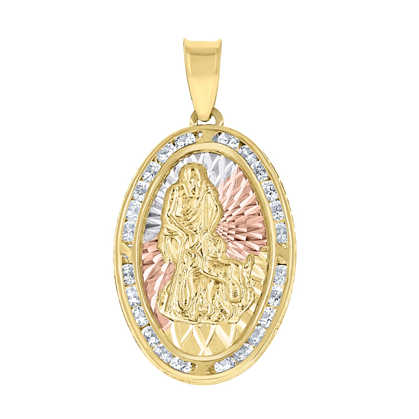 10kt Tri-Color Gold Unisex Cubic-Zirconia Diamond-Cut Saint Lazarus Religious Oval Charm Pendant