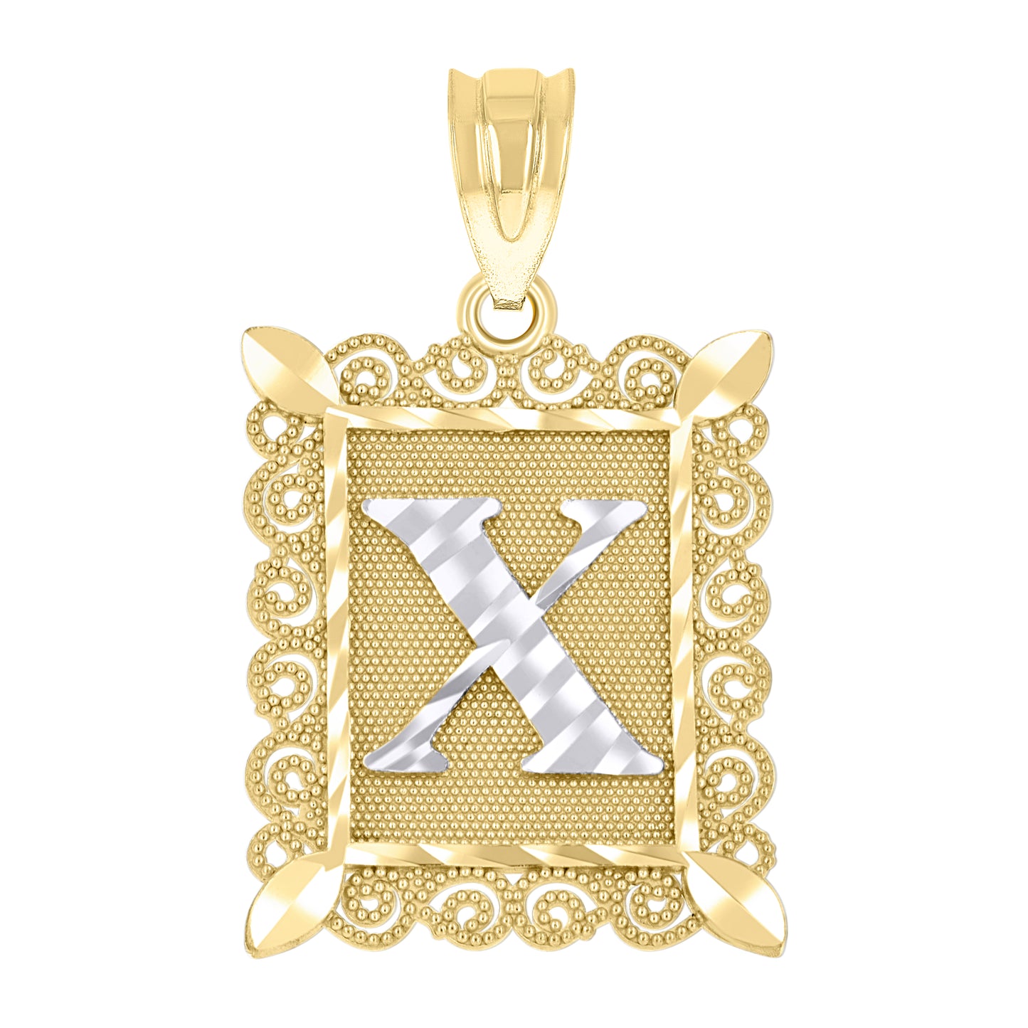 10k Two Tone Gold Unisex Diamond Cut Initial X Charm Pendant