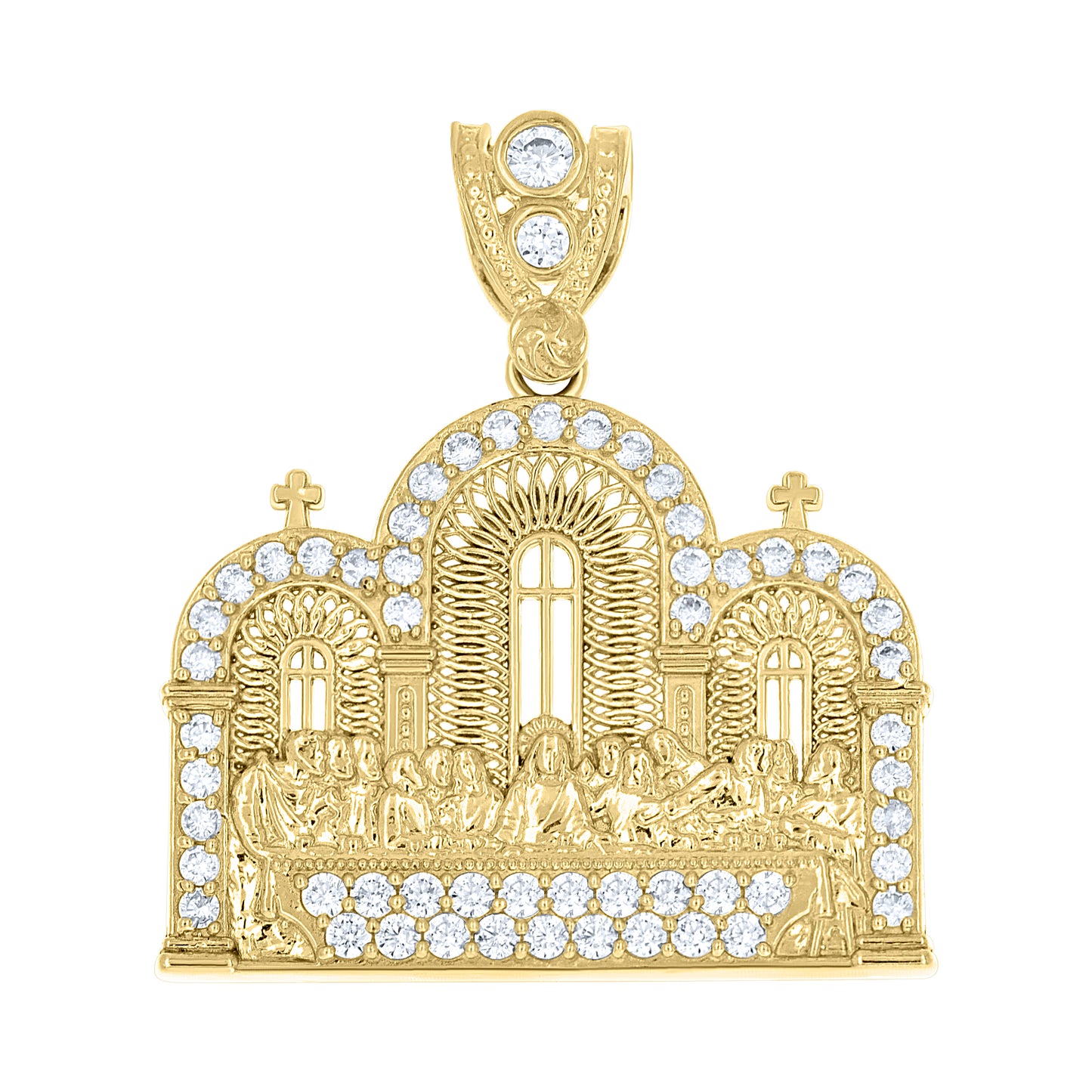 10k Yellow Gold Mens Cubic Zirconia Last Supper Religious Pendant