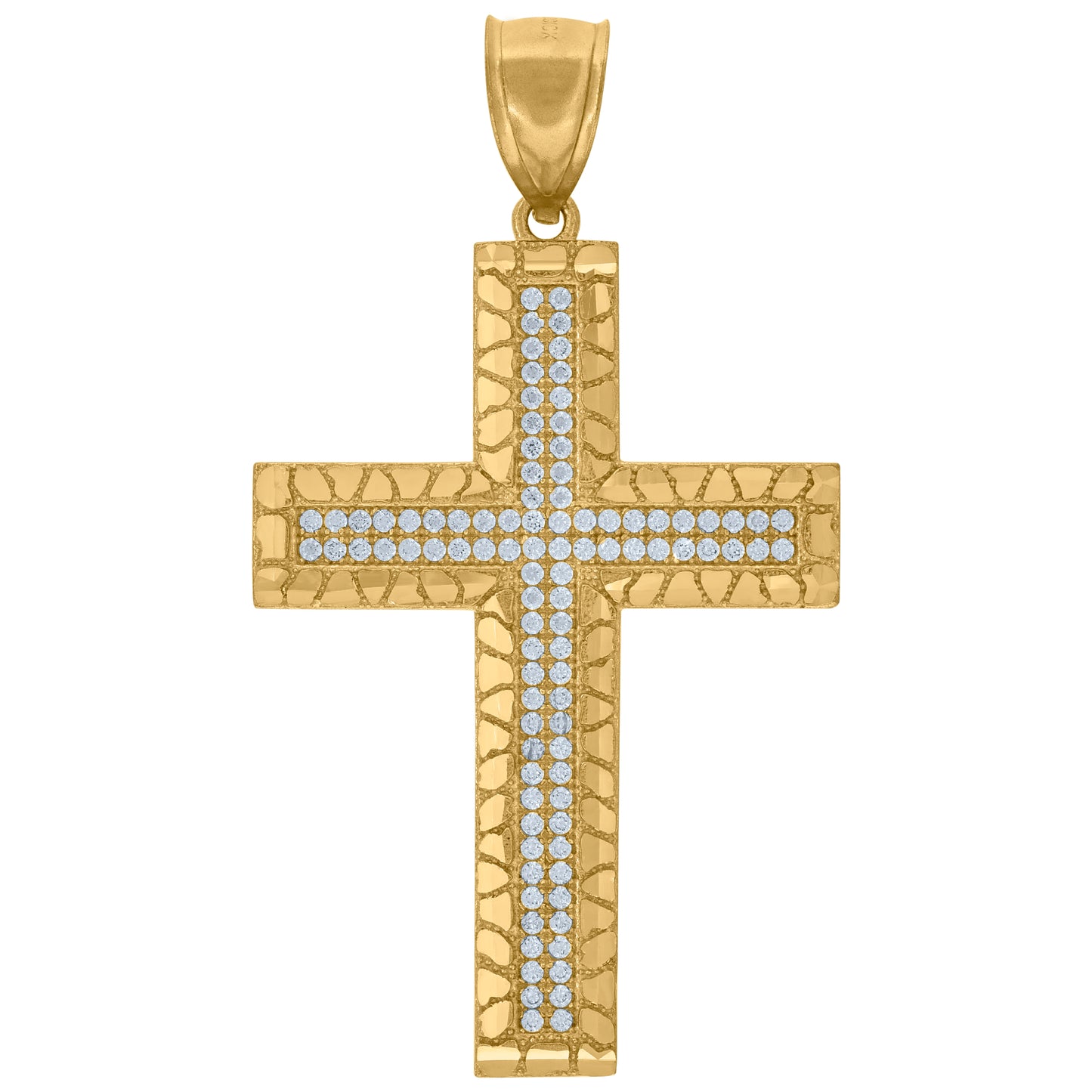 10k Yellow Gold Unisex Cubic Zirconia Nugget Textured Cross Religious Charm Pendant