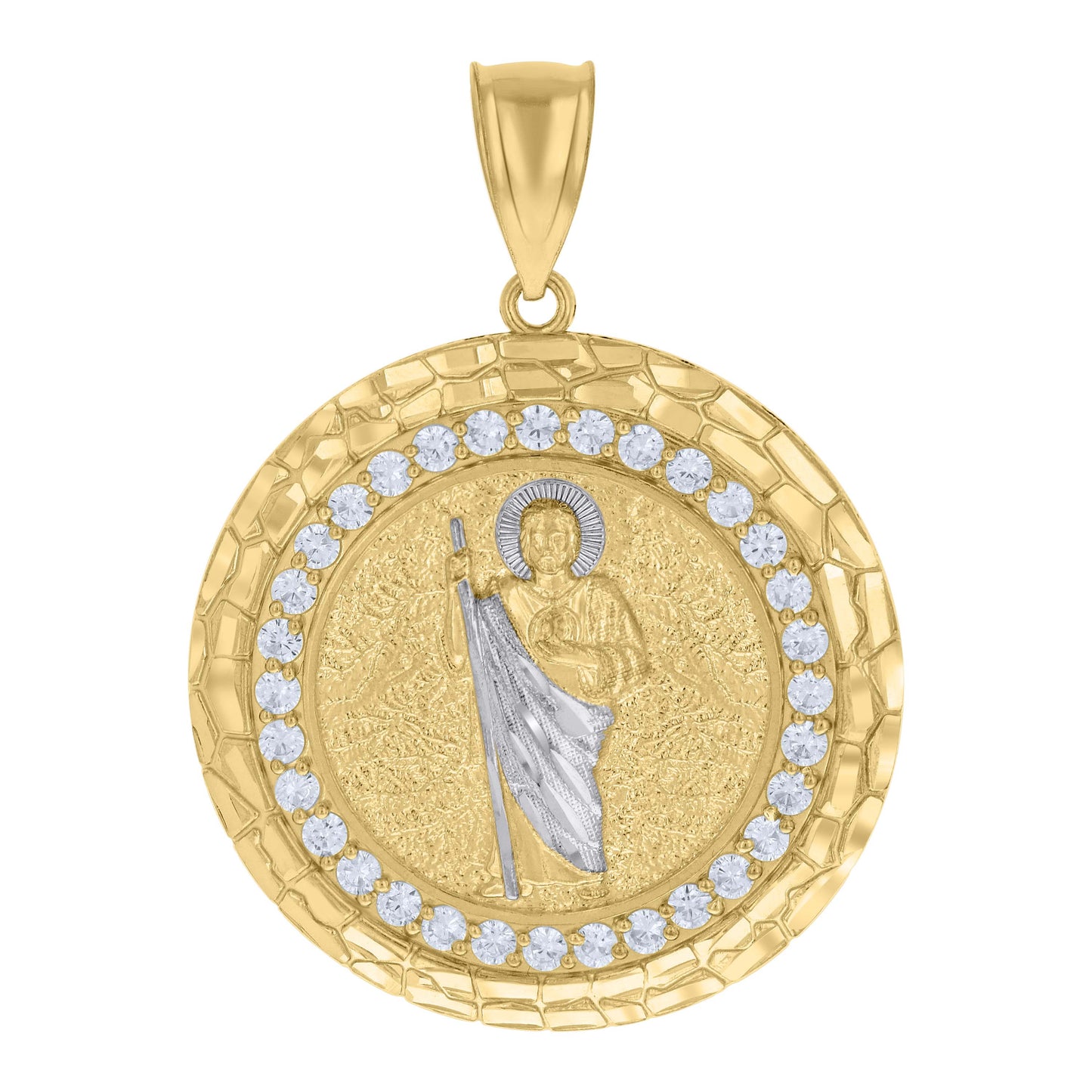 10k Two tone Gold Mens Cubic Zirconia Nugget St. Jude Religious Charm Pendant