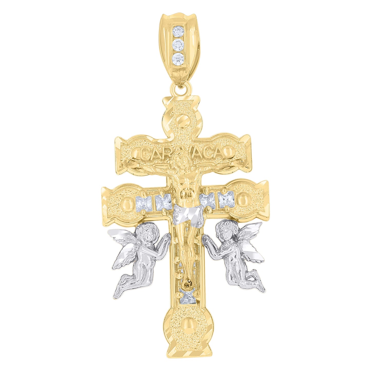 10k Two Tone Gold Mens Princess Cut Cubic Zirconia Religious Caravaca Cross Crucifix Charm Pendant