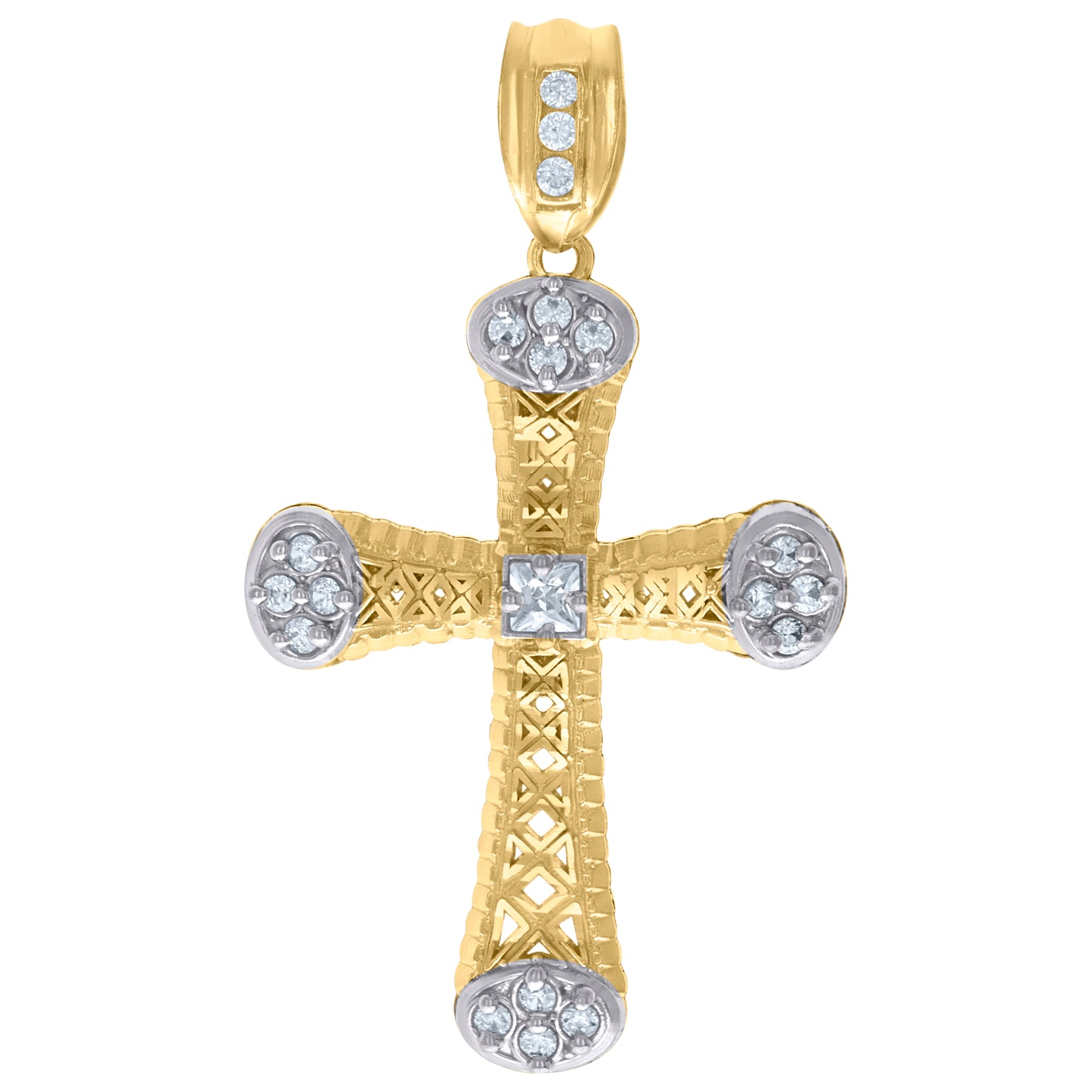 10k Two Tone Gold Mens Princess Cut Cubic Zirconia Religious Cross Charm Pendant