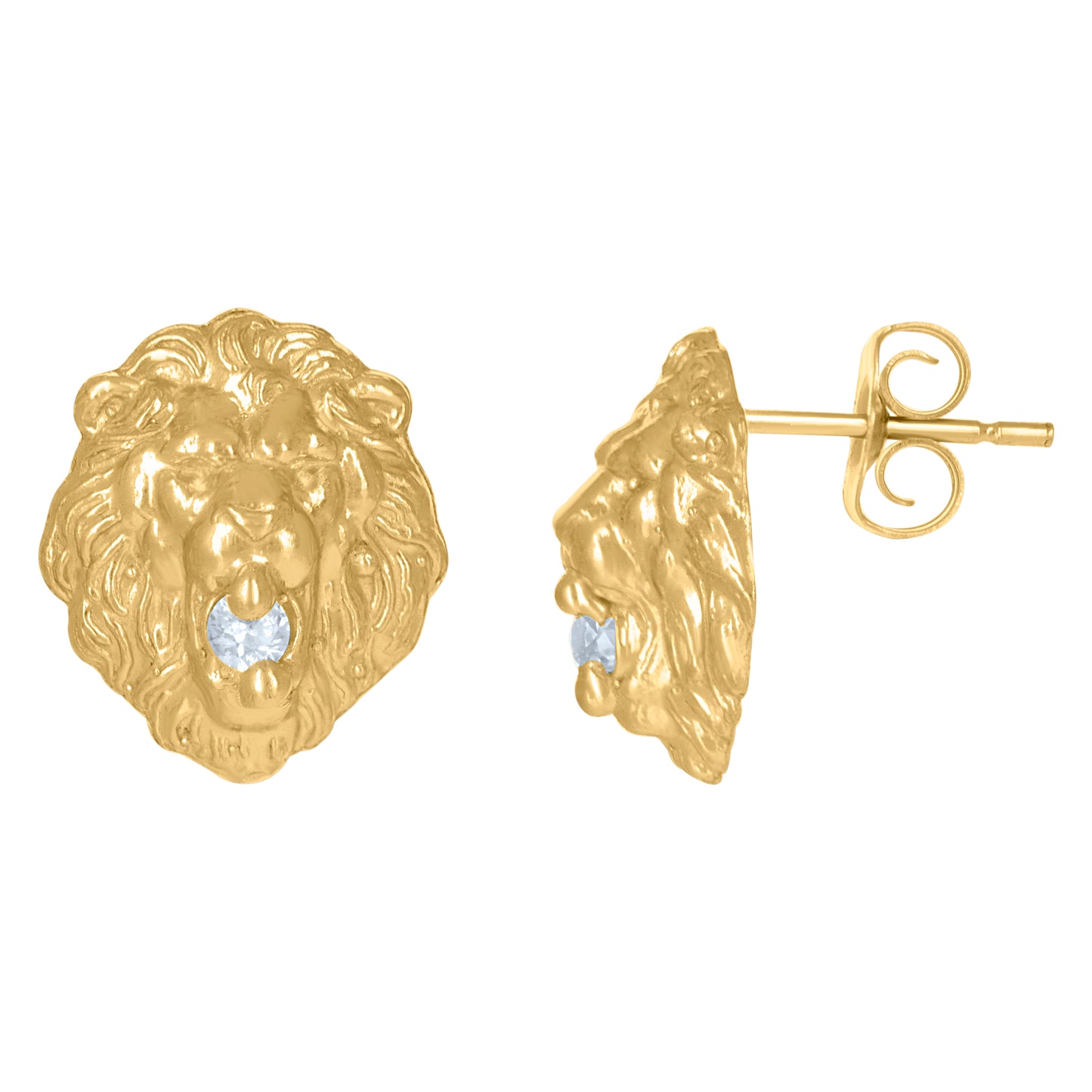 10k Yellow Gold Mens Cubic Zirconia Animal Lion Stud Earrings