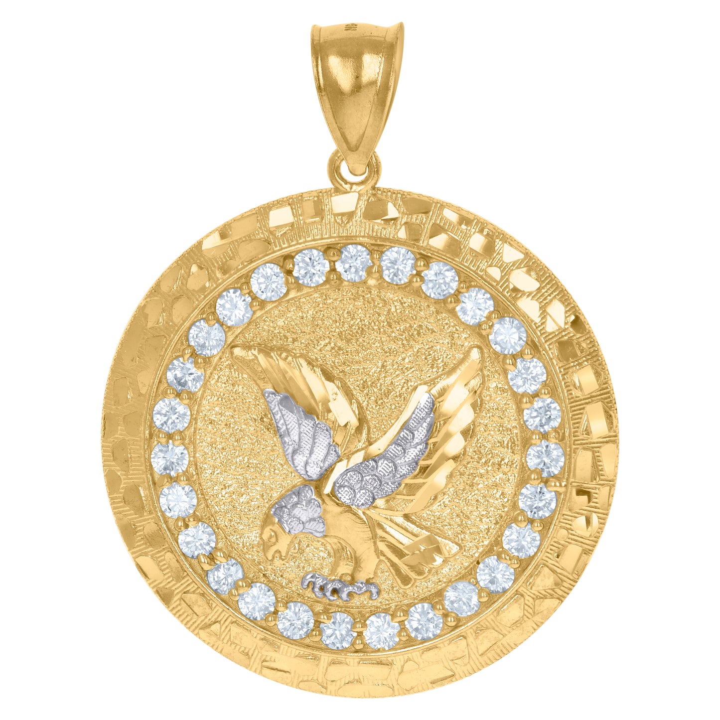 10k Two Tone Gold Mens Cubic Zirconia Medallion Bird Eagle Wildlife Charm Pendant