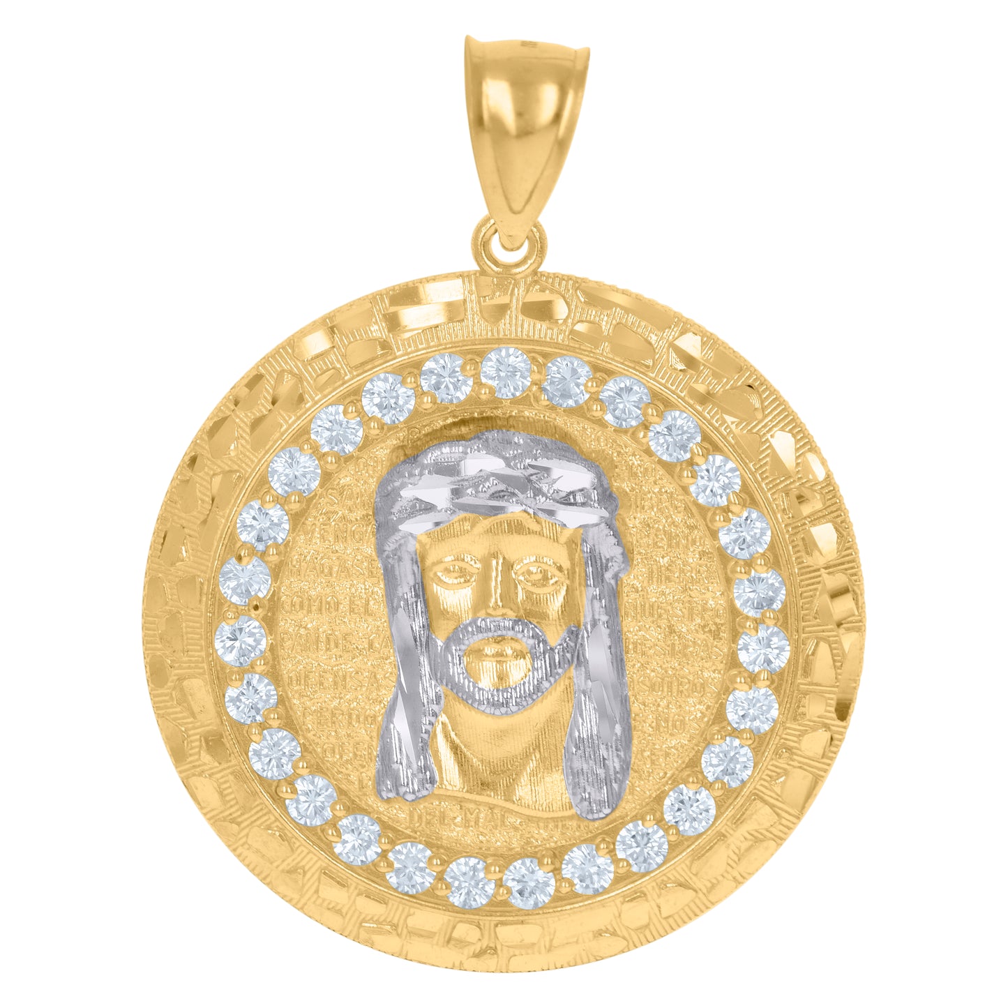 10k Two Tone Gold Mens Cubic Zirconia Medallion Jesus Religious Charm Pendant
