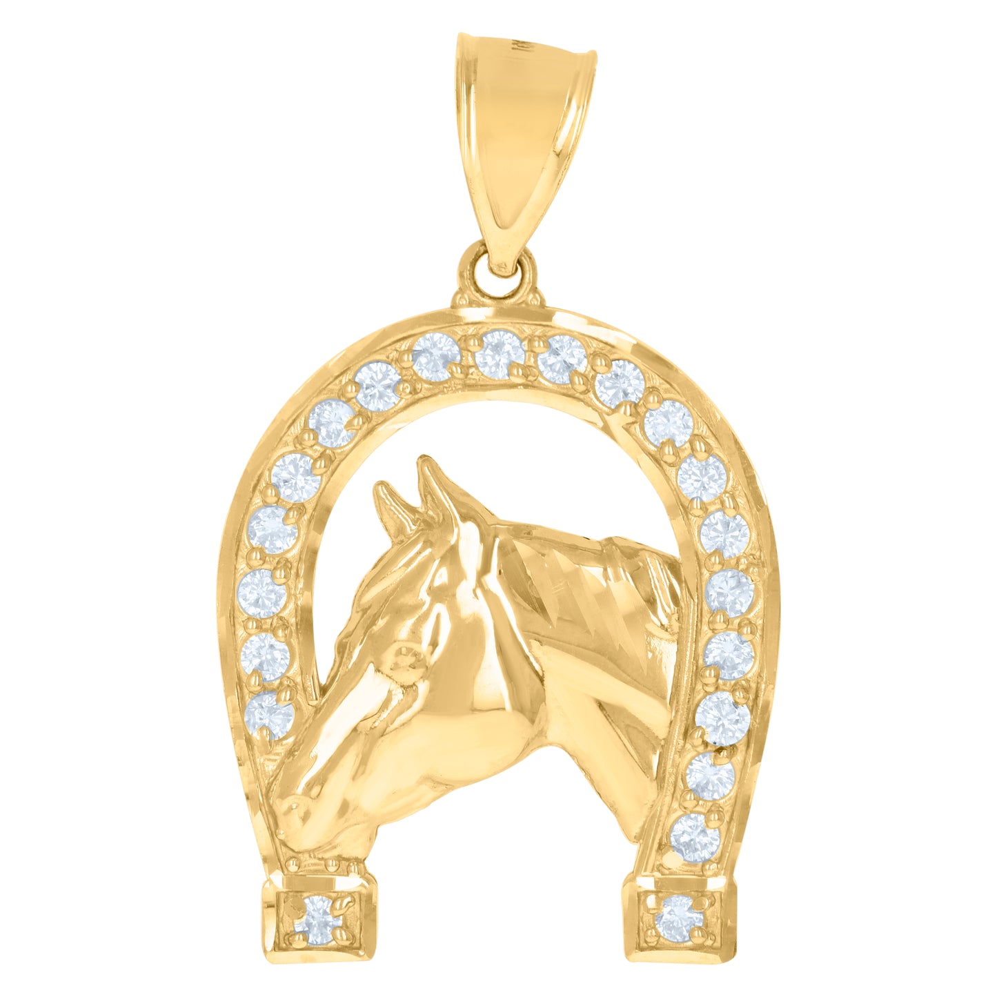 10k Yellow Gold Mens Cubic Zirconia Horse Head Horseshoe Good Luck Charm Pendant