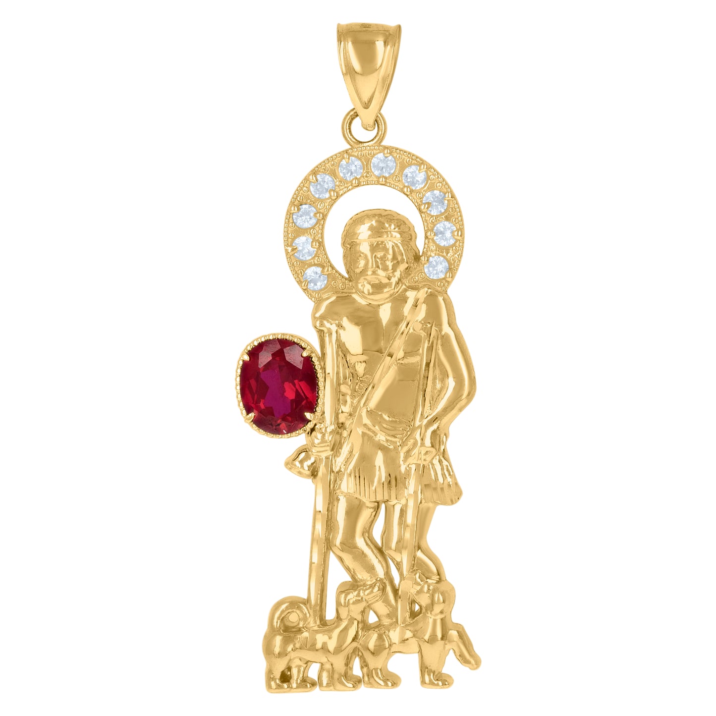 10k Yellow Gold Mens Red White Oval Round Cubic Zirconia St. Lazarus Religious Charm Pendant