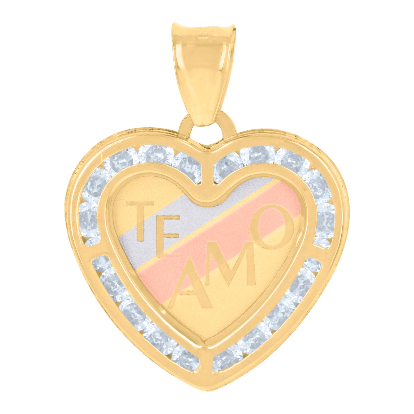 10k Tri Color Gold Womens Cubic Zirconia Te Amo Heart Charm Pendant