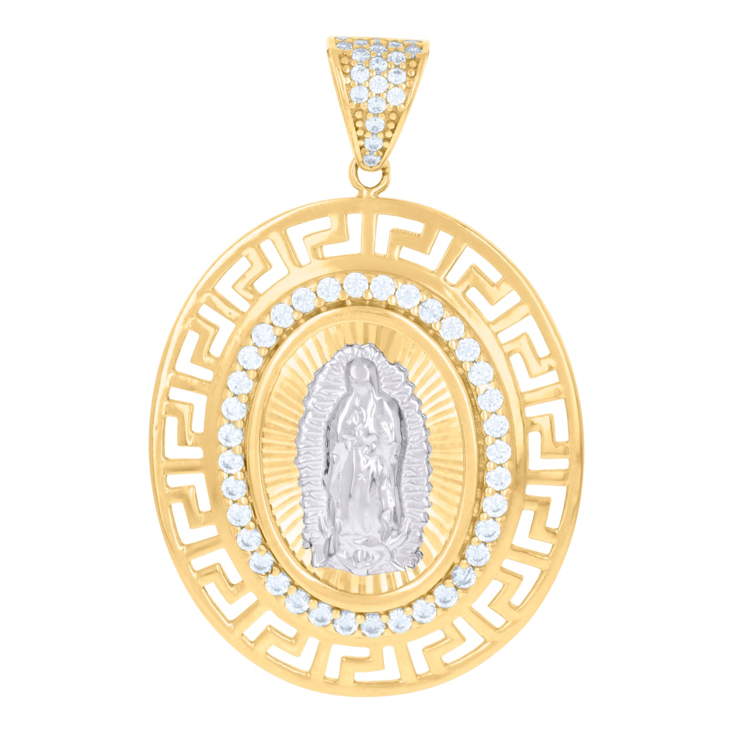 10k Two tone Gold Unisex Cubic Zirconia Greek Key Border Oval Medallion Guadalupe Religious Charm Pendant