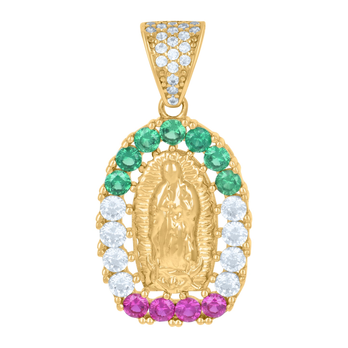 10k Yellow Gold Womens Pink/Green White Cubic Zirconia Guadalupe Religious Charm Pendant