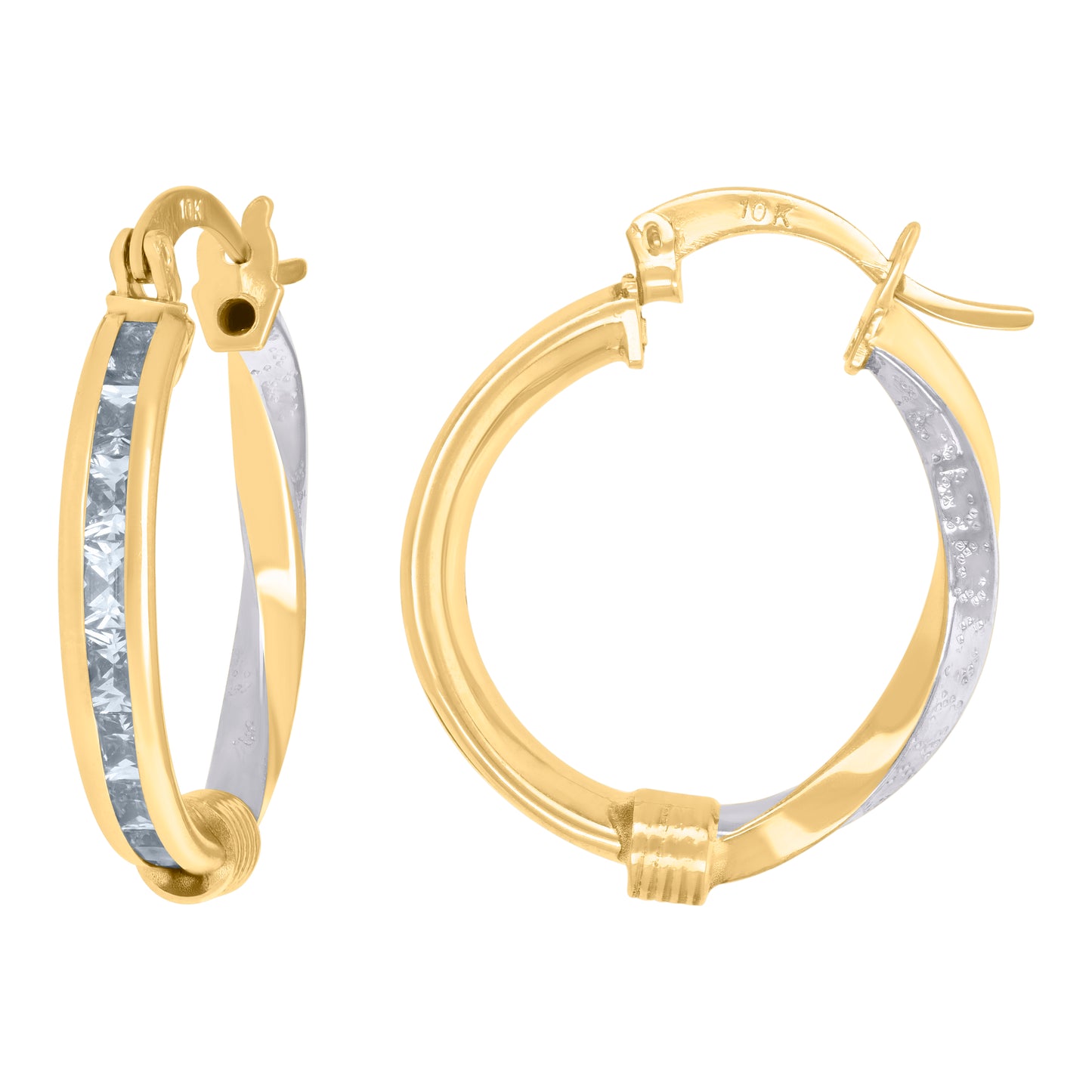 10k Two-Tone Gold Womens Baguette Cubic Zirconia Textured Twisted Hoops Huggies Earrings