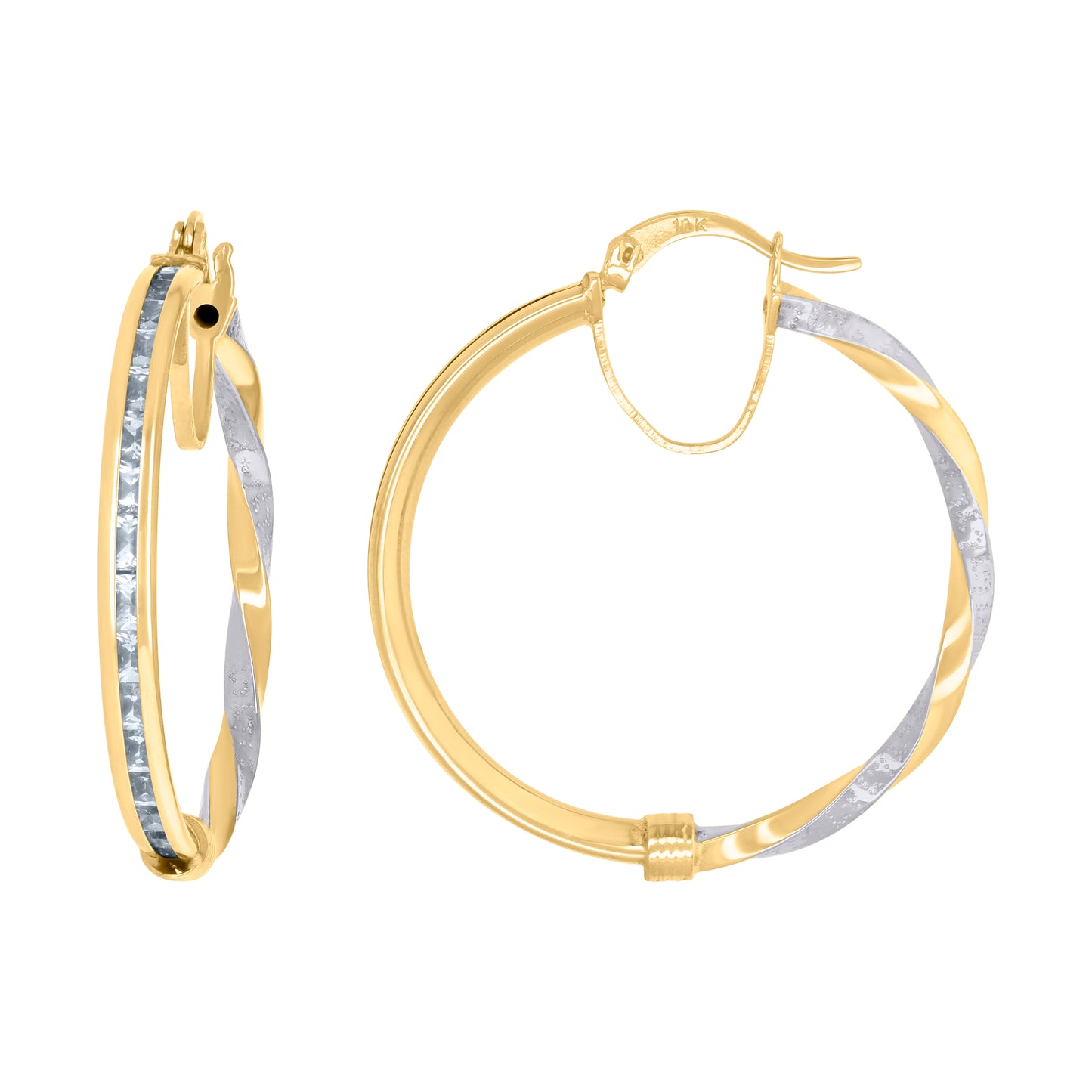 10k Two-Tone Gold Womens Baguette Cubic Zirconia Textured Twisted Hoops Huggies Earrings