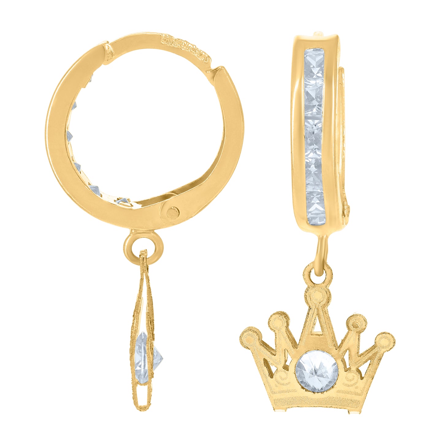 10k Yellow Gold Womens Cubic Zirconia Crown Dangle Hoop Earrings