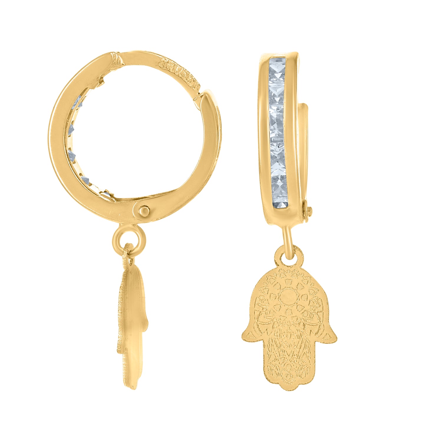 10k Yellow Gold Mens Cubic Zirconia Hamsa Dangle Hoop Earrings