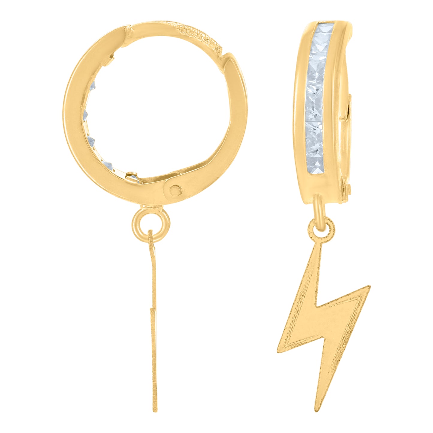 10k Yellow Gold Unisex Cubic Zirconia Lighting Bolt Dangle Hoop Earrings
