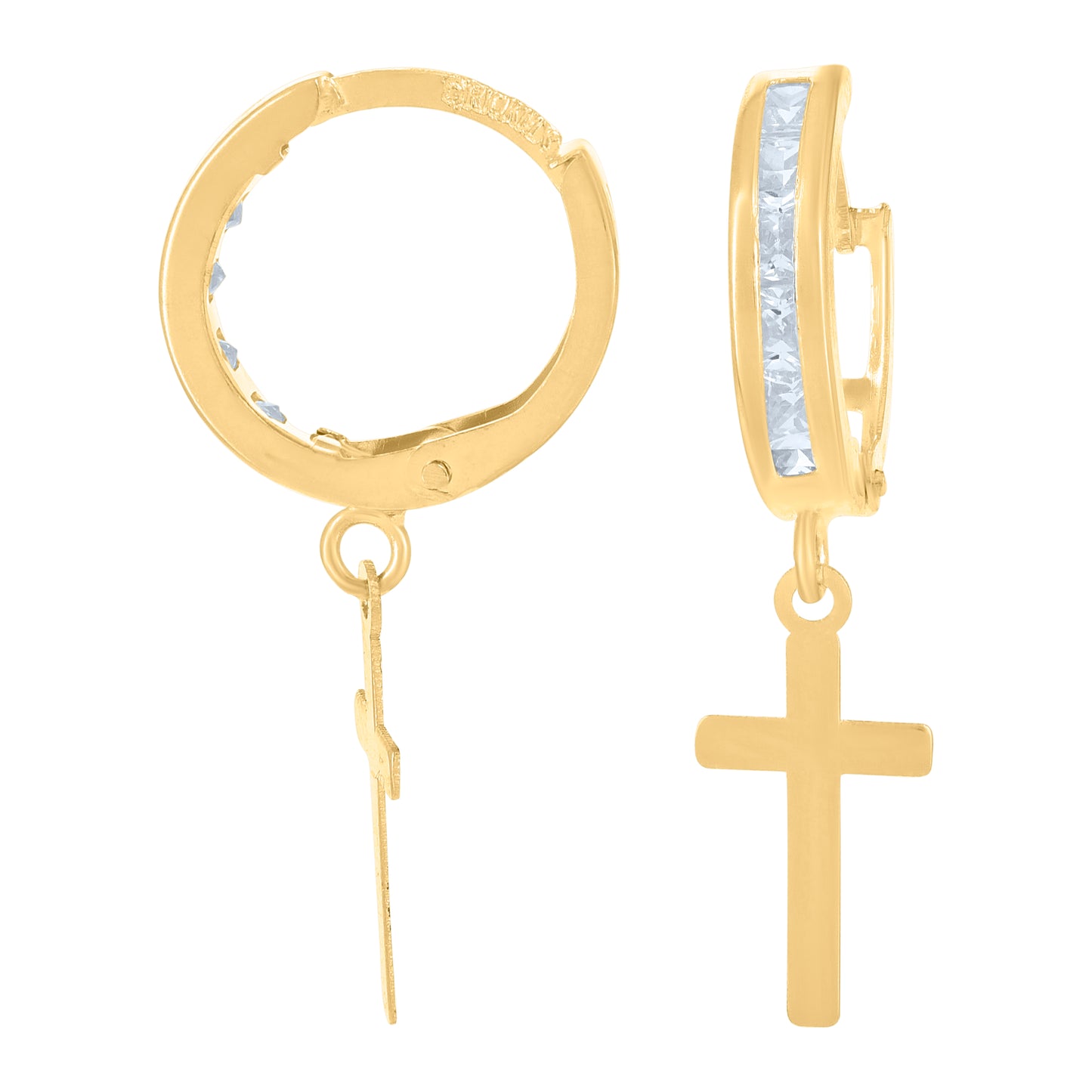 10k Yellow Gold Mens Cubic Zirconia Cross Dangle Hoop Earrings