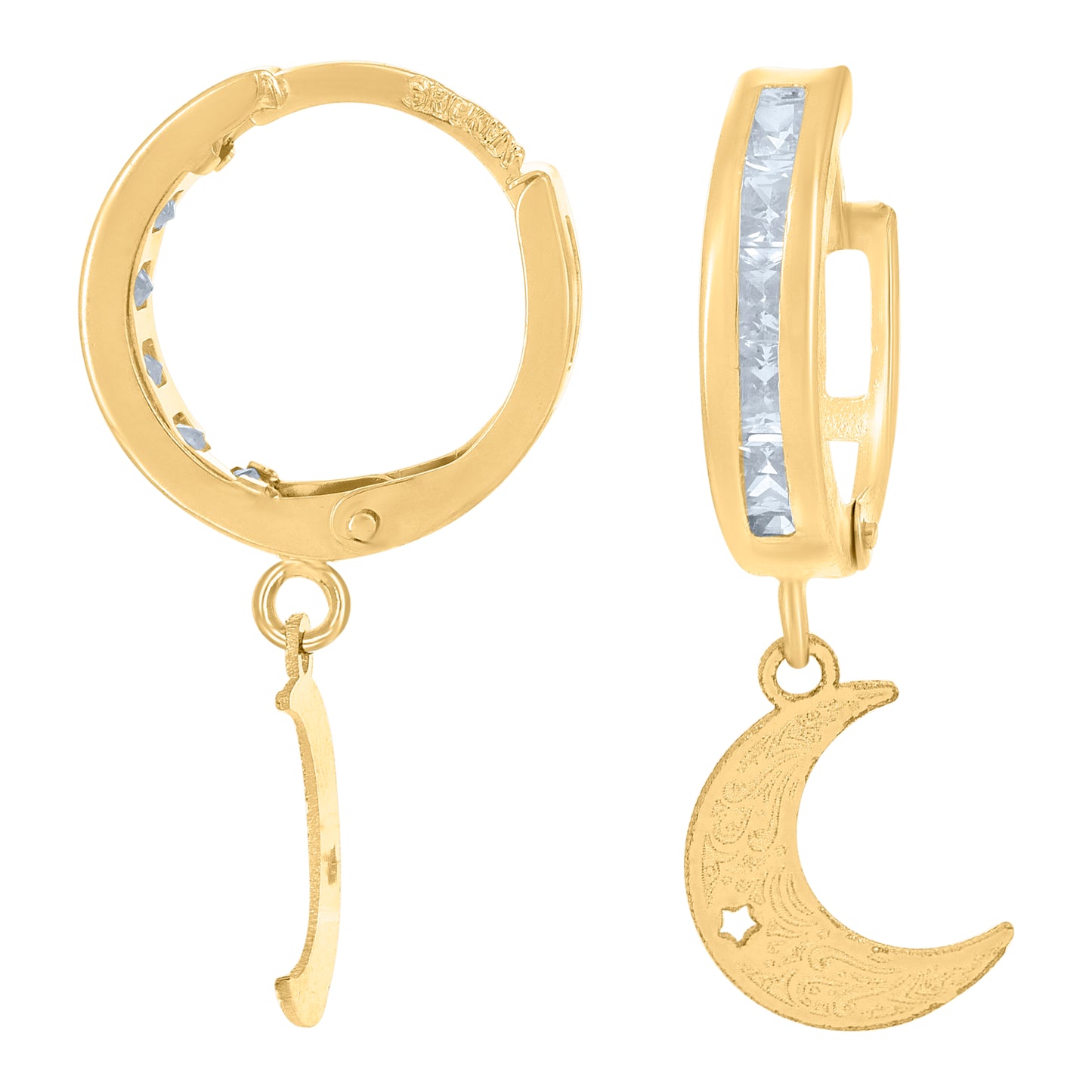 10k Yellow Gold Unisex Cubic Zirconia Moon Dangle Hoop Earrings