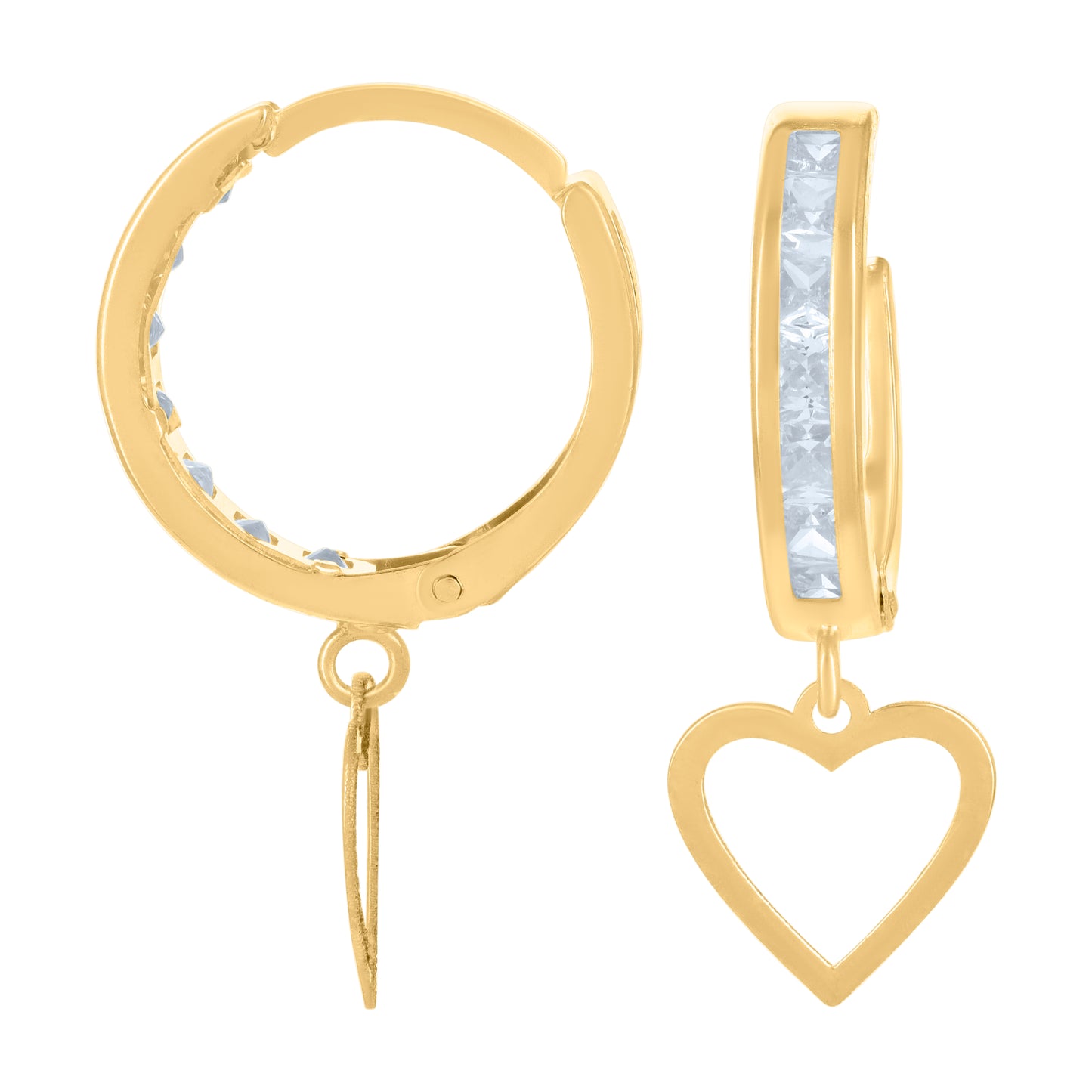 10k Yellow Gold Womens Cubic Zirconia Heart Dangle Hoop Earrings