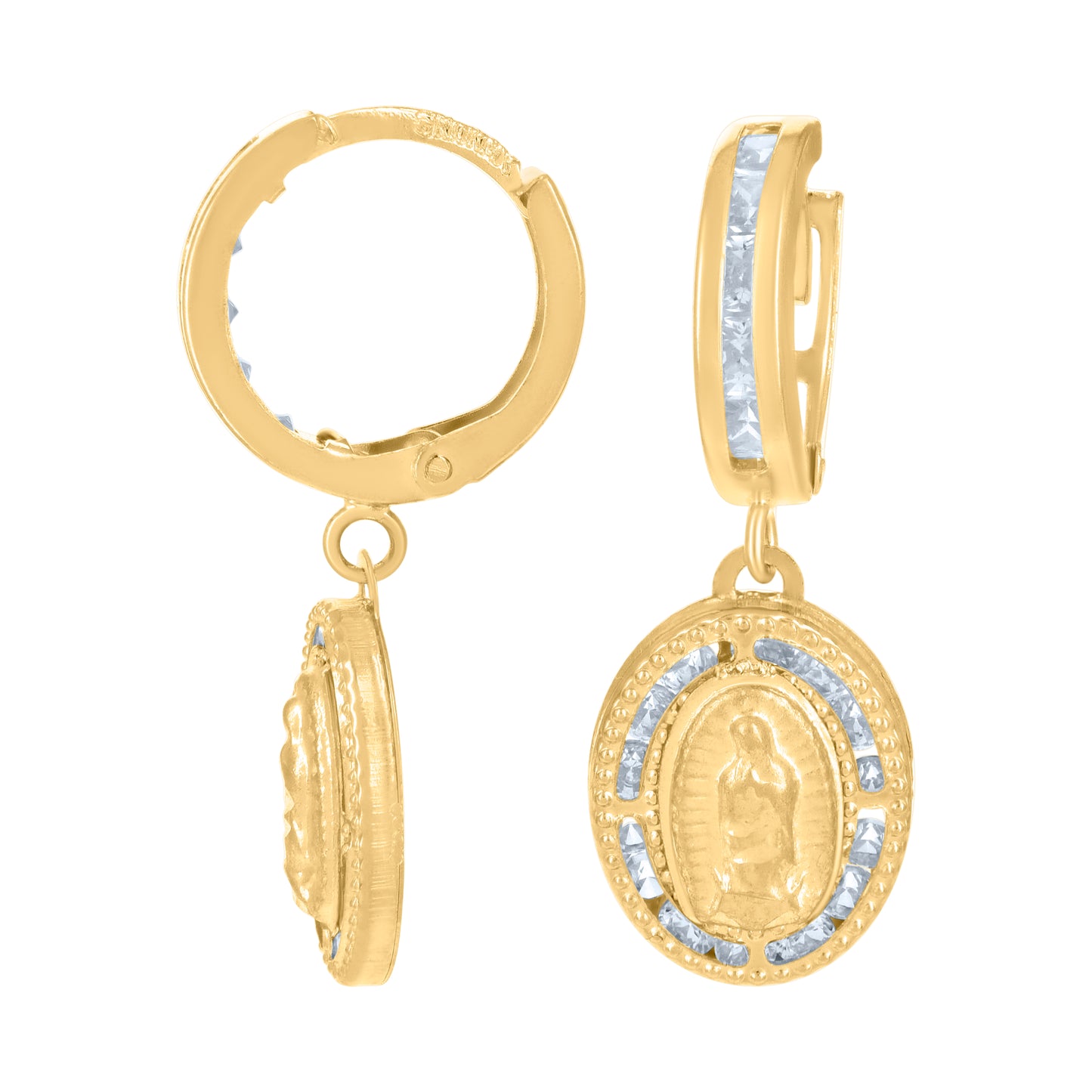 10k Yellow Gold Mens Cubic Zirconia Guadalupe Dangle Hoop Earrings