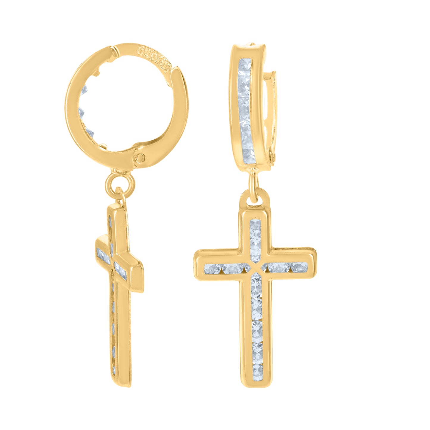 10k Yellow Gold Mens Cubic Zirconia Cross Dangle Hoop Earrings