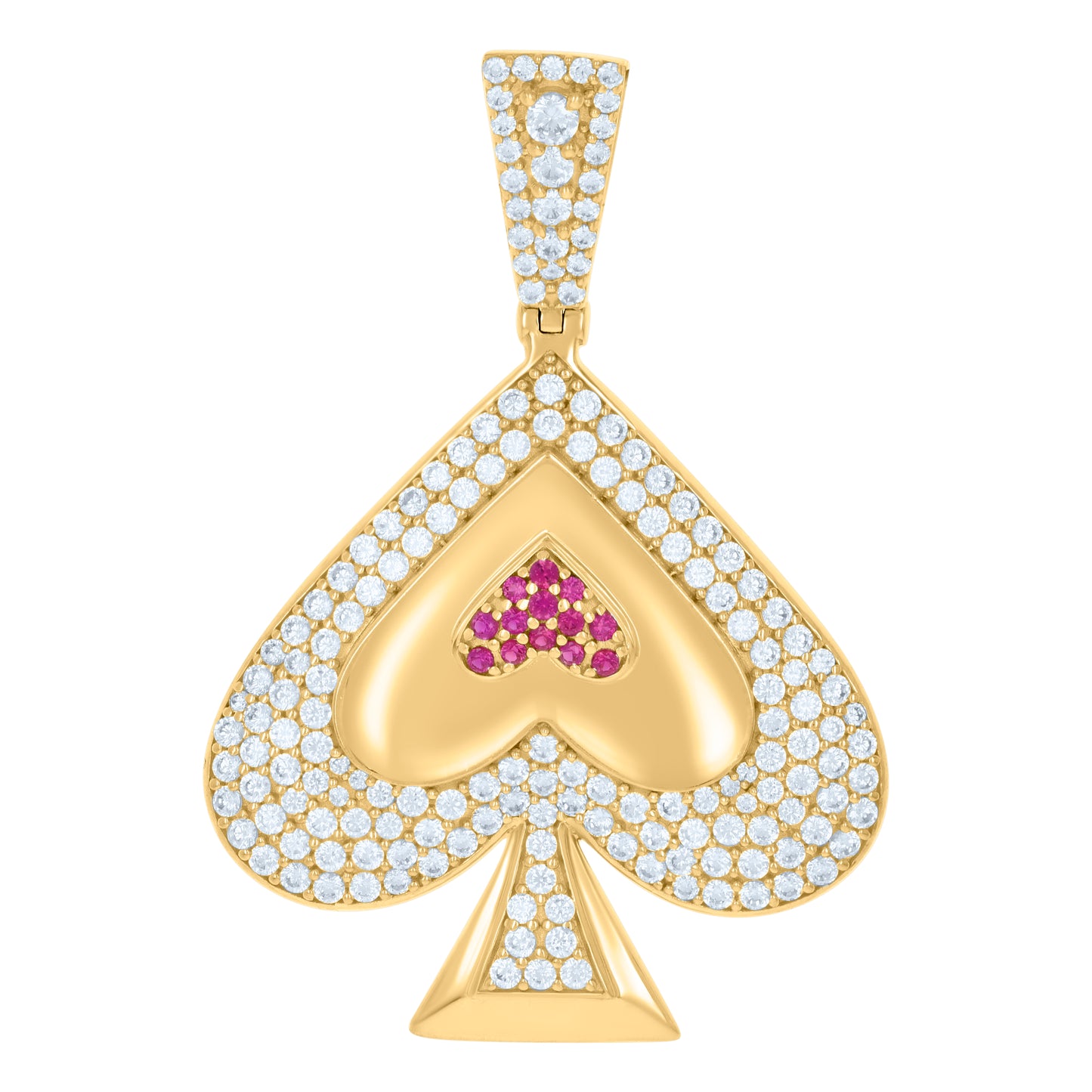 10k Yellow Gold Mens Pink White Cubic Zirconia Spade Playing Cards Gambling Charm Pendant