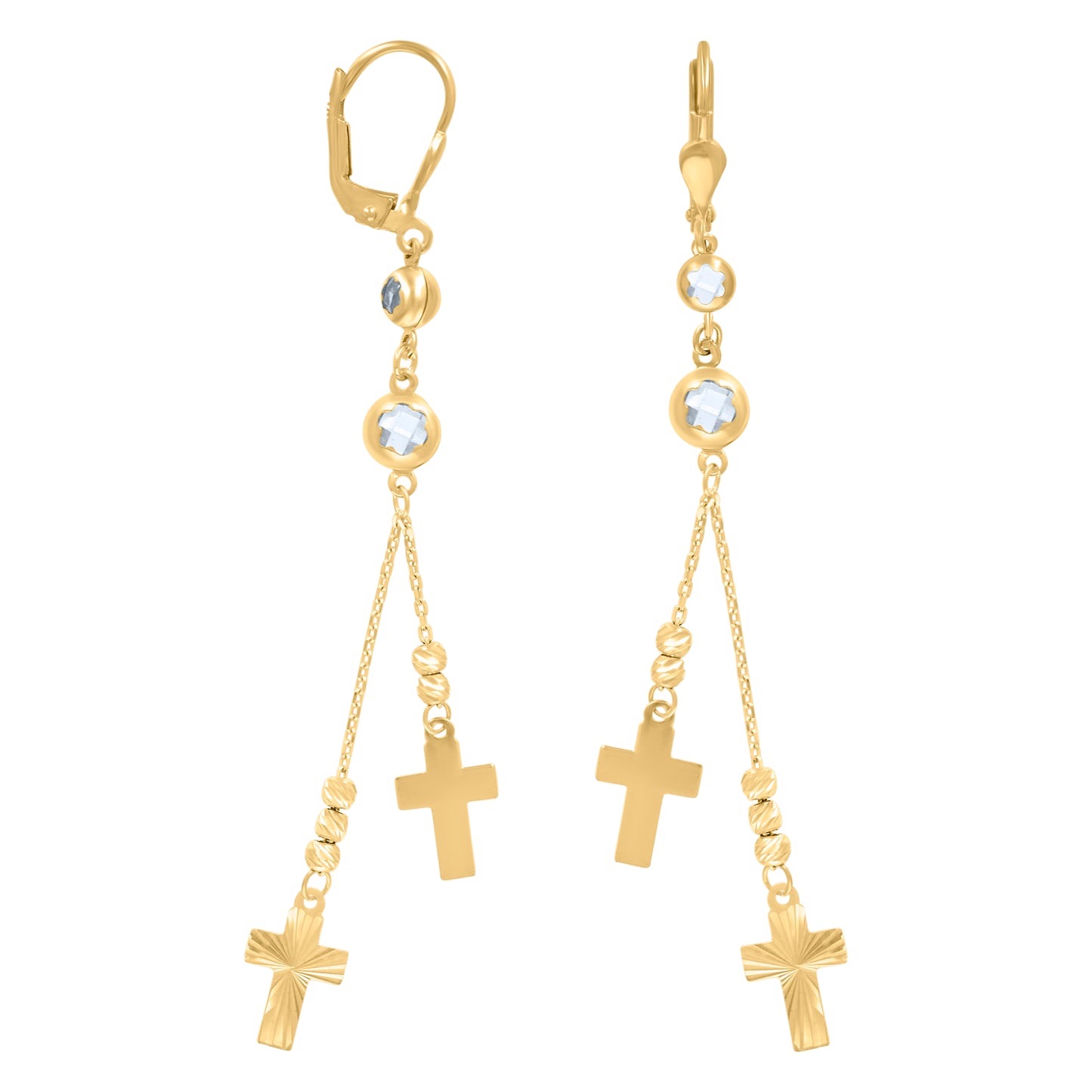 10k Yellow Gold Womens Cubic Zirconia Cross Religious Beaded Dangle Leverback Earrings