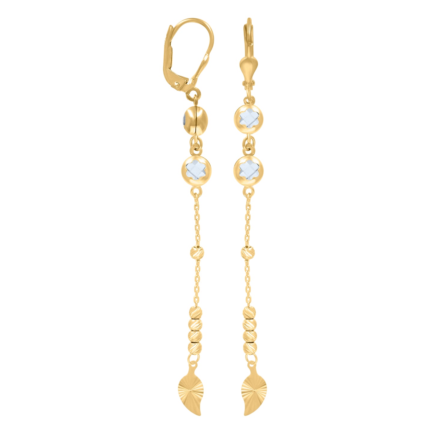 10k Yellow Gold Womens Cubic Zirconia Leaf Beaded Dangle Leverback Earrings