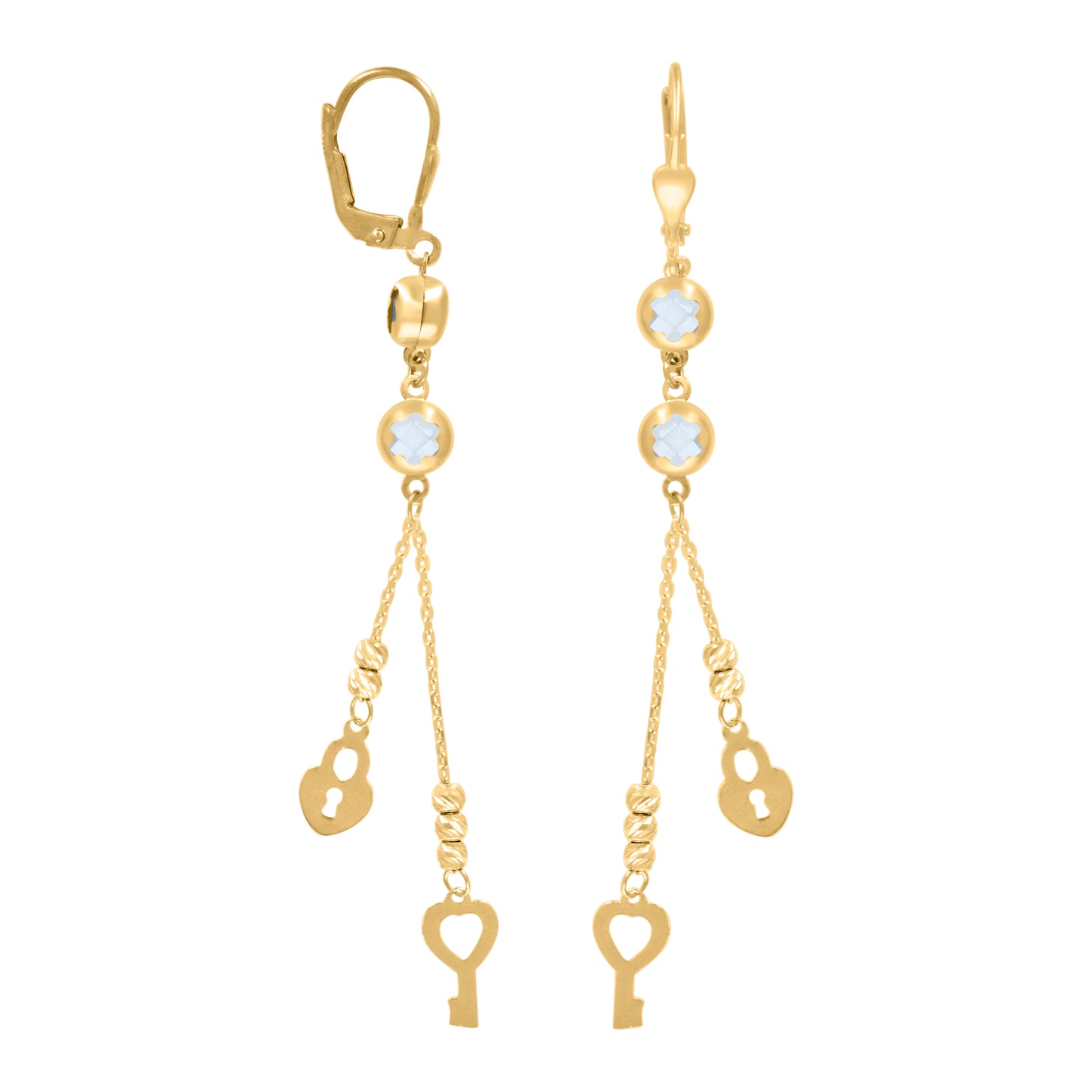 10k Yellow Gold Womens Cubic Zirconia Lock & Key Beaded Dangle Leverback Earrings