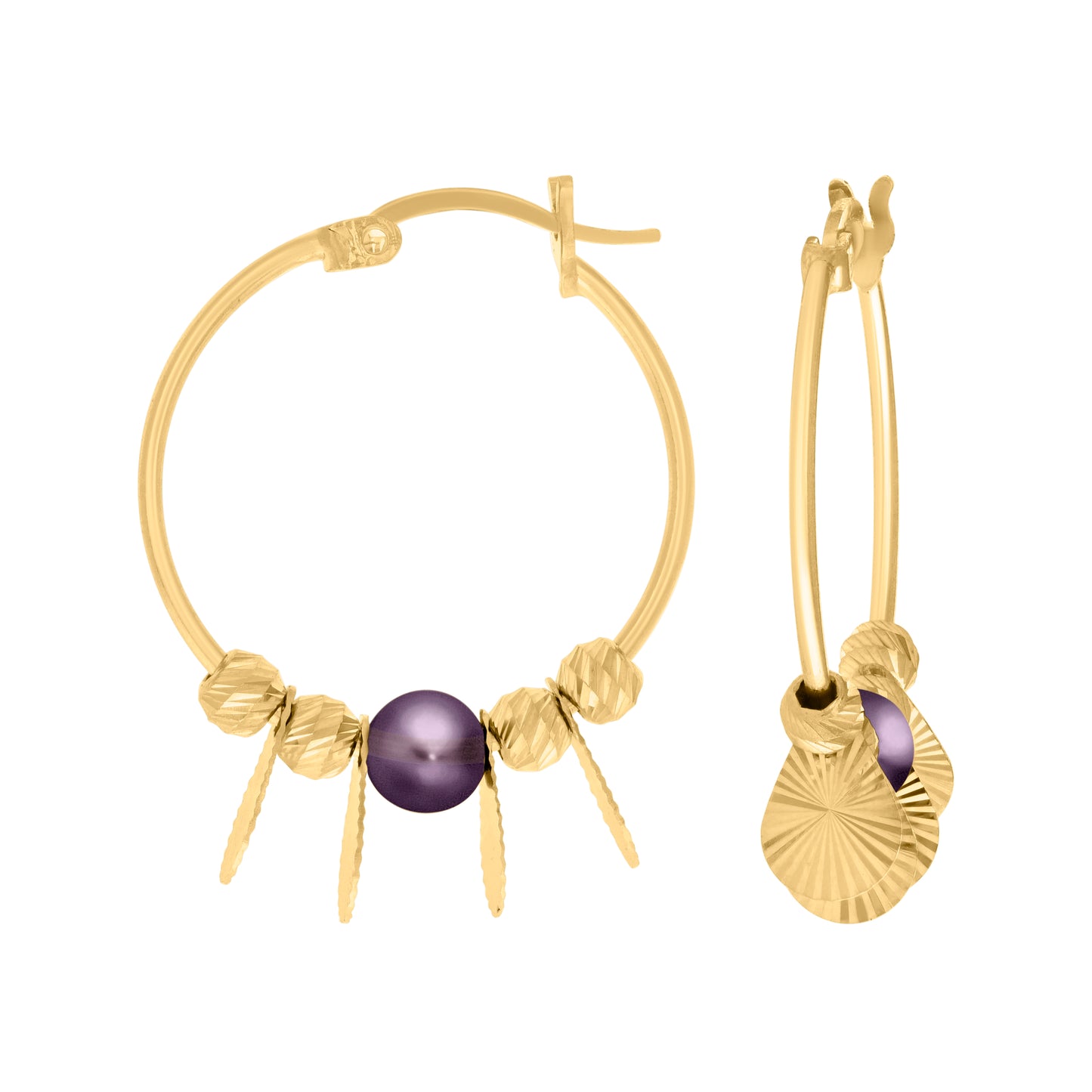 10k Yellow Gold Womens Purple Beaded Fashion Hoop Earrings