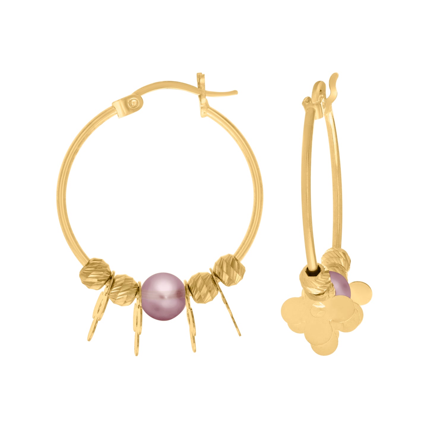 10k Yellow Gold Womens Pink Beaded Fashion Hoop Earrings