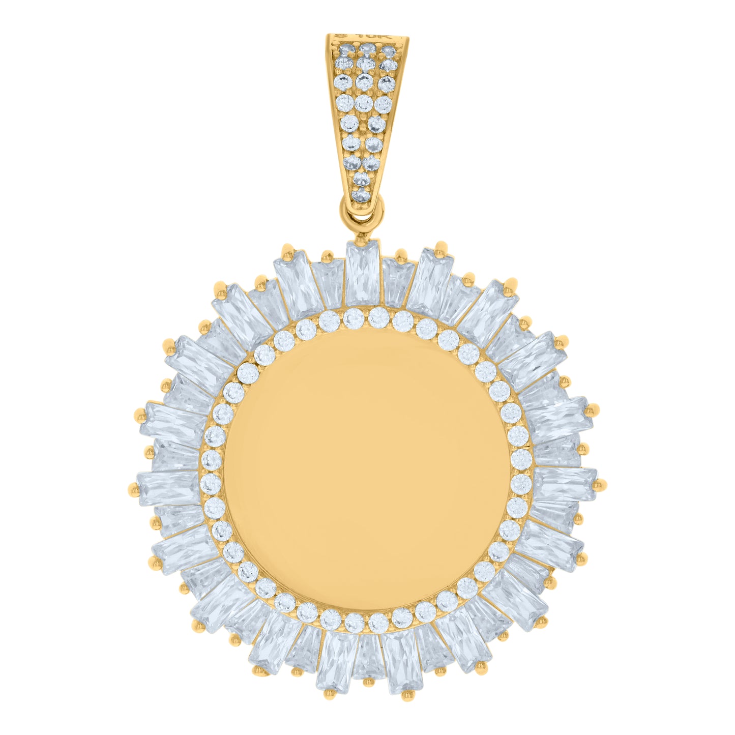 10k Yellow Gold Unisex Baguette Round Cubic Zirconia Photo Frame Charm Pendant