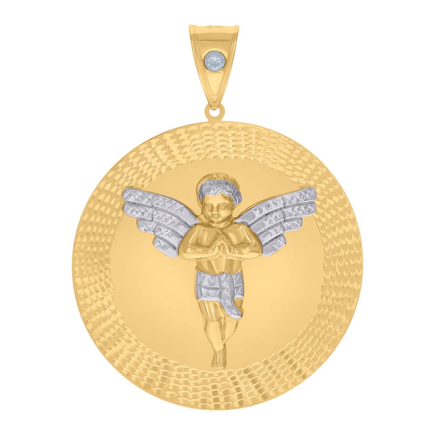 10k Two tone Gold Mens Cubic Zirconia Medallion Angel Religious Charm Pendant