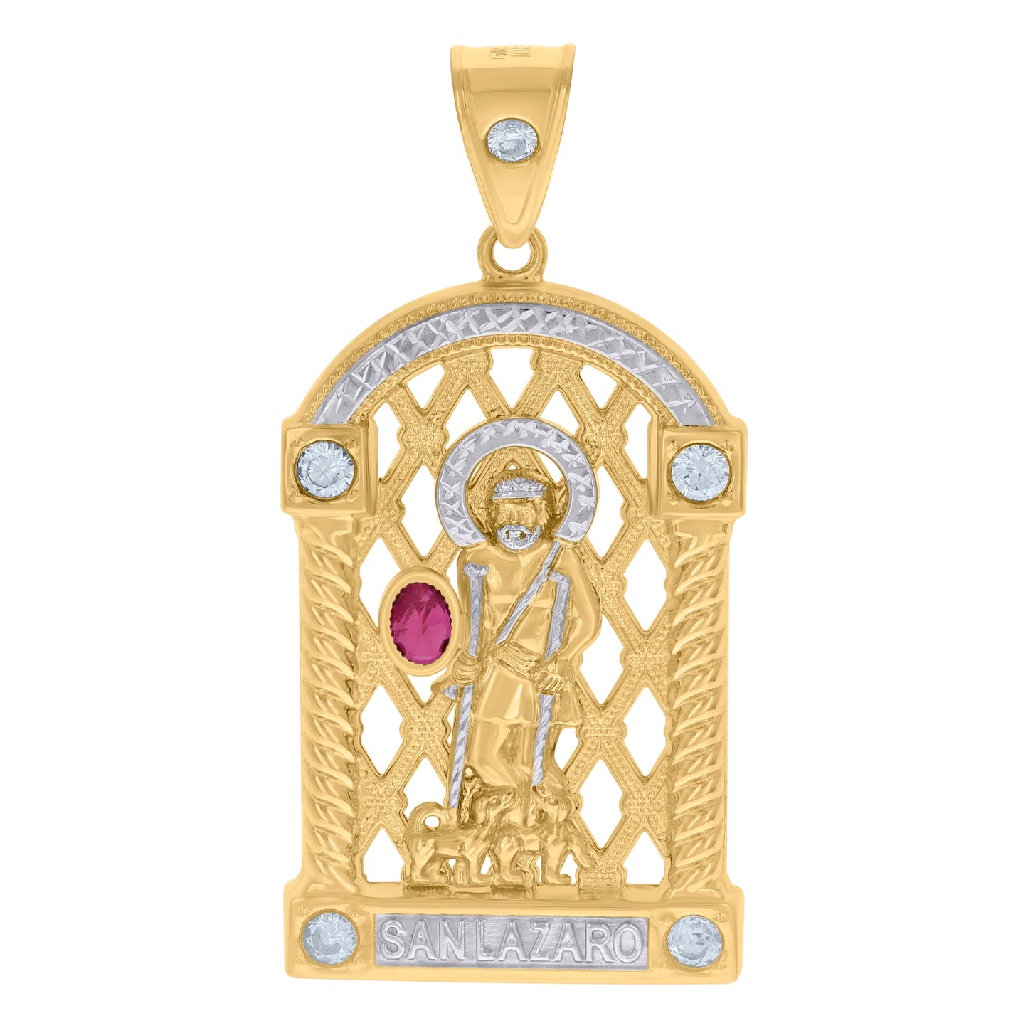 10k Two tone Gold Mens Red White Oval Round Cubic Zirconia St. Lazarus Religious Charm Pendant