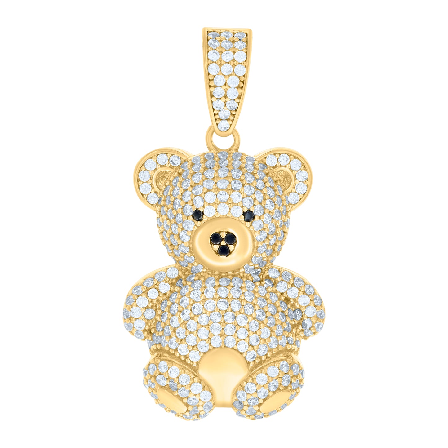 10k Yellow Gold Mens Black White Cubic Zirconia Teddy Bear Charm Pendant
