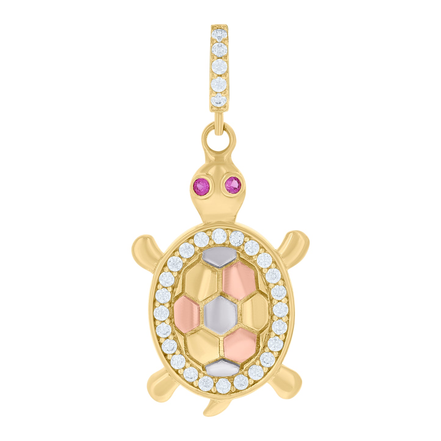 10k Tri Color Gold Womens Pink White Cubic Zirconia Tortoise Ocean Charm Pendant