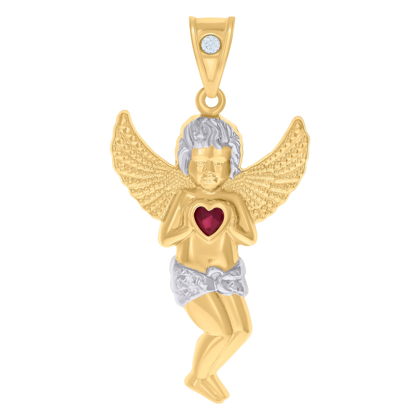 10k Two tone Gold Mens Red White Heart Round Cubic Zirconia Angel Charm Pendant