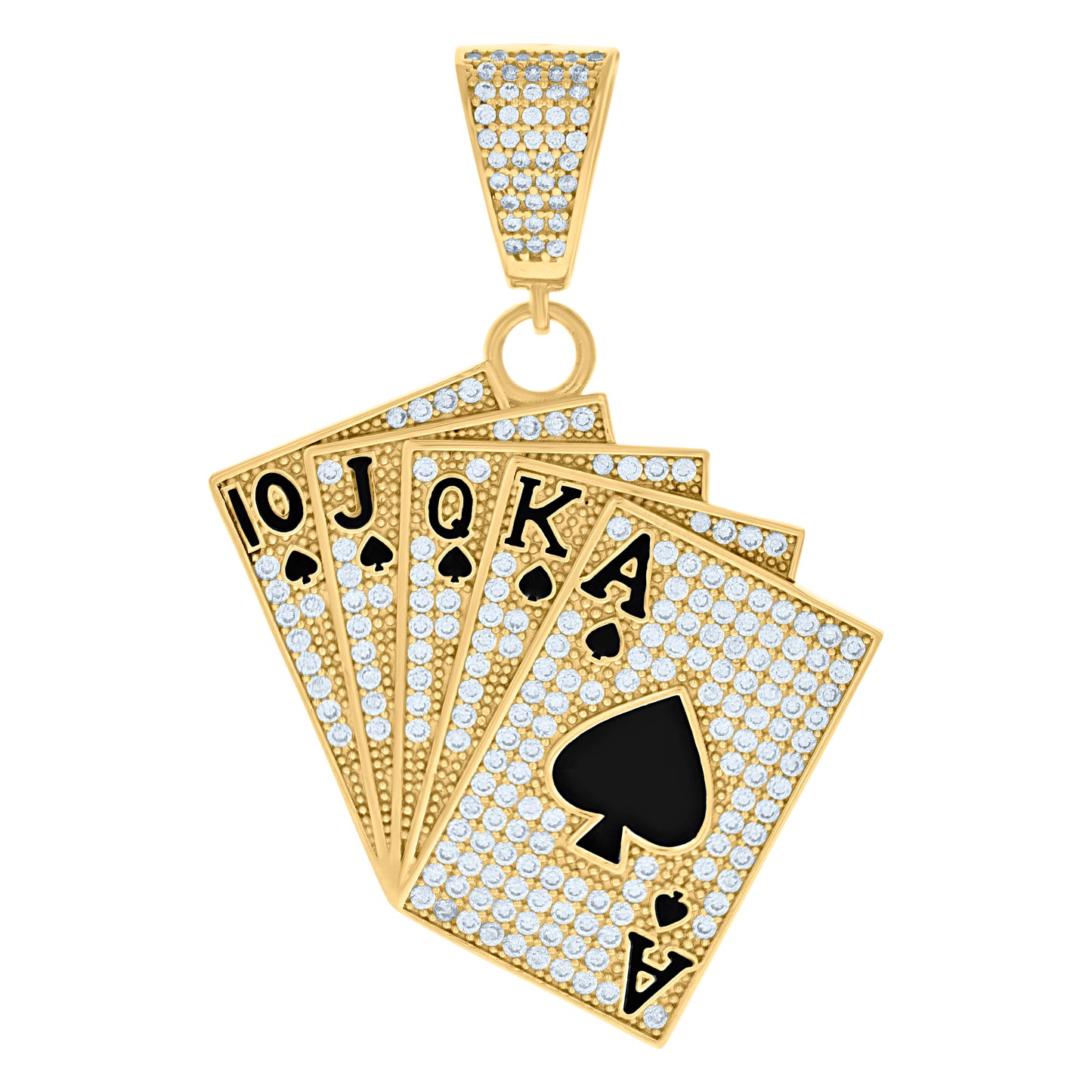 10k Yellow Gold Mens Cubic Zirconia Black Enamel Playing Cards Gambling Fashion Charm Pendant