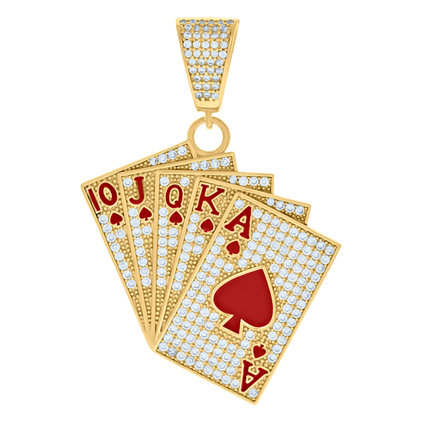 10k Yellow Gold Mens Cubic Zirconia Red Enamel Playing Cards Gambling Fashion Charm Pendant