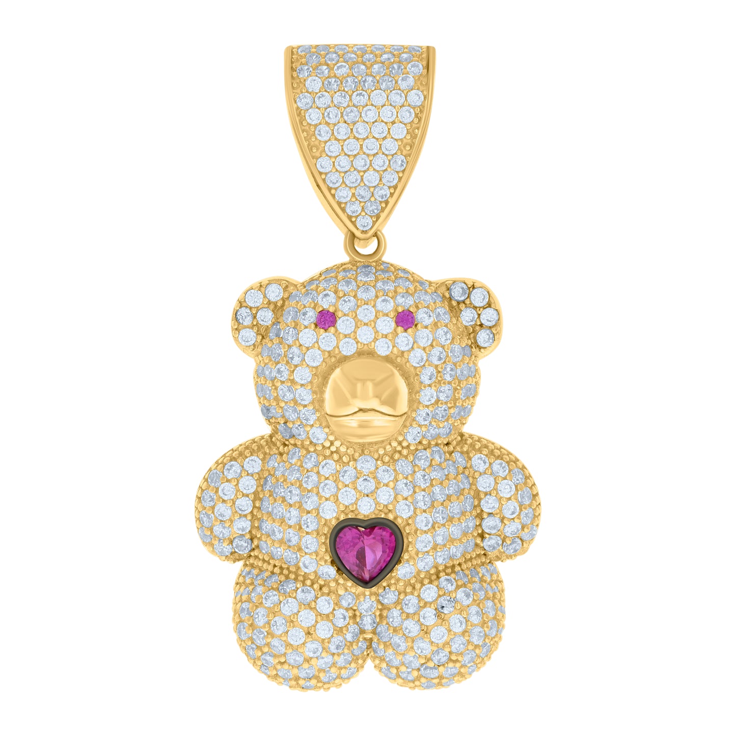 10k Yellow Gold Black tone Unisex Pink White Heart Round Cubic Zirconia Teddy Bear Charm Pendant
