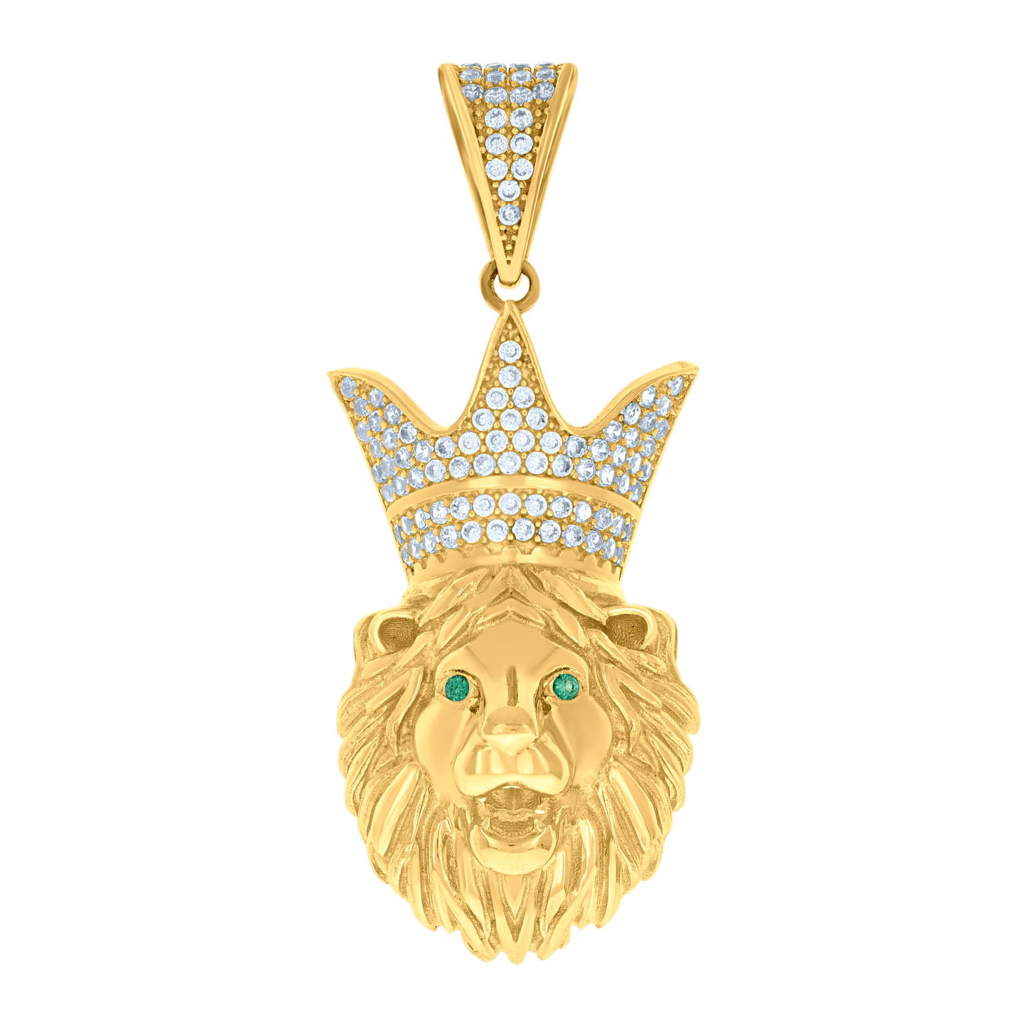 10k Yellow Gold Mens Green White Cubic Zirconia Leo/Lion Head Animal Zodiac Sign/Wildlife Charm Pendant