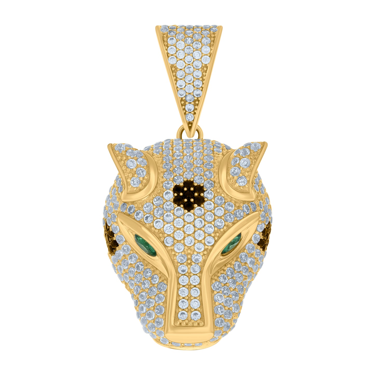 10k Yellow Gold Mens Green/Black White Cubic Zirconia Panther Head Animal Wildlife Charm Pendant