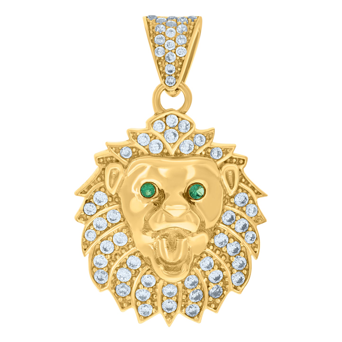 10k Yellow Gold Mens Green White Cubic Zirconia Leo/Lion Head Animal Zodiac Sign/Wildlife Charm Pendant