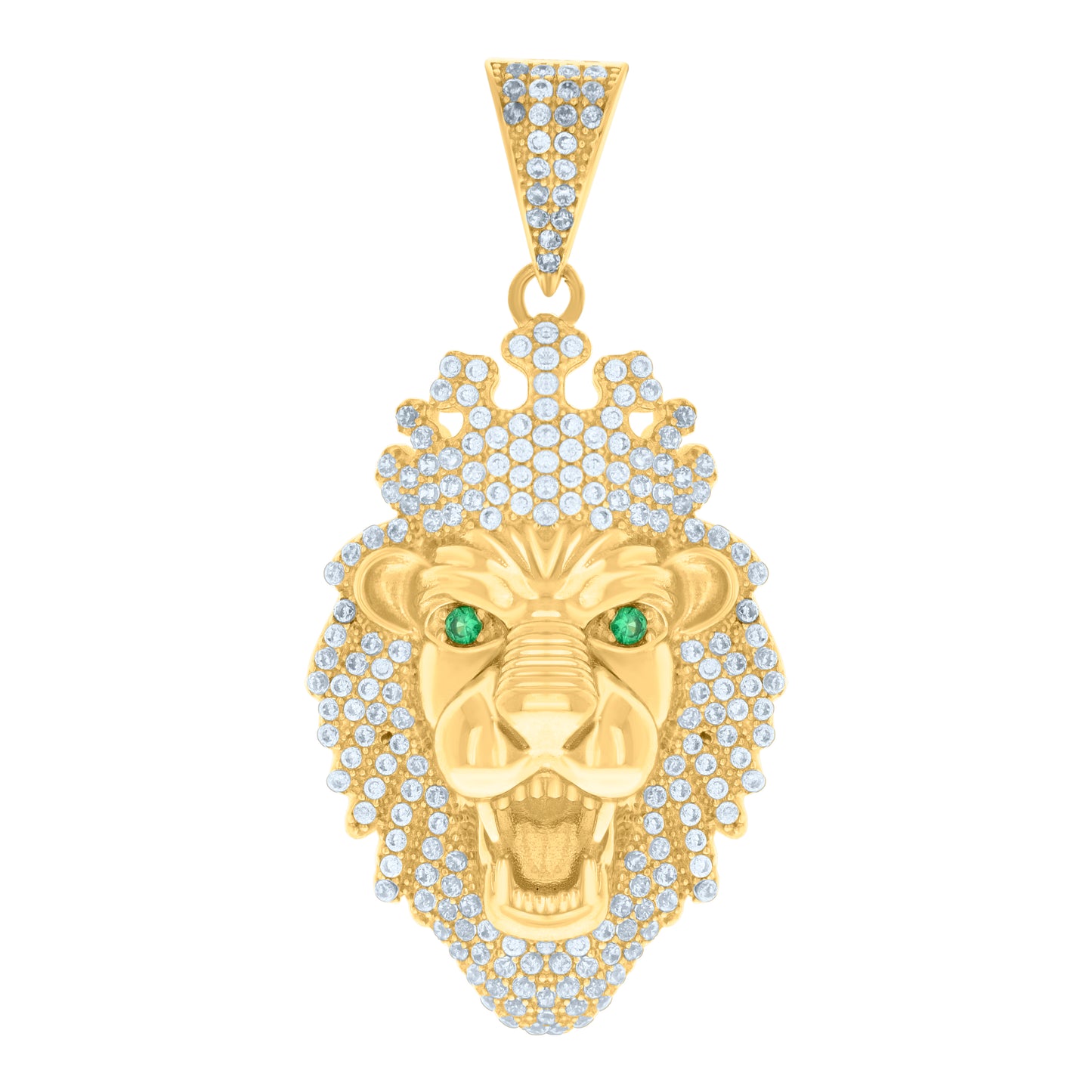10k Yellow Gold Mens Green White Cubic Zirconia Leo/Lion Head Animal Zodiac Sign/Wildlife Charm Pendant