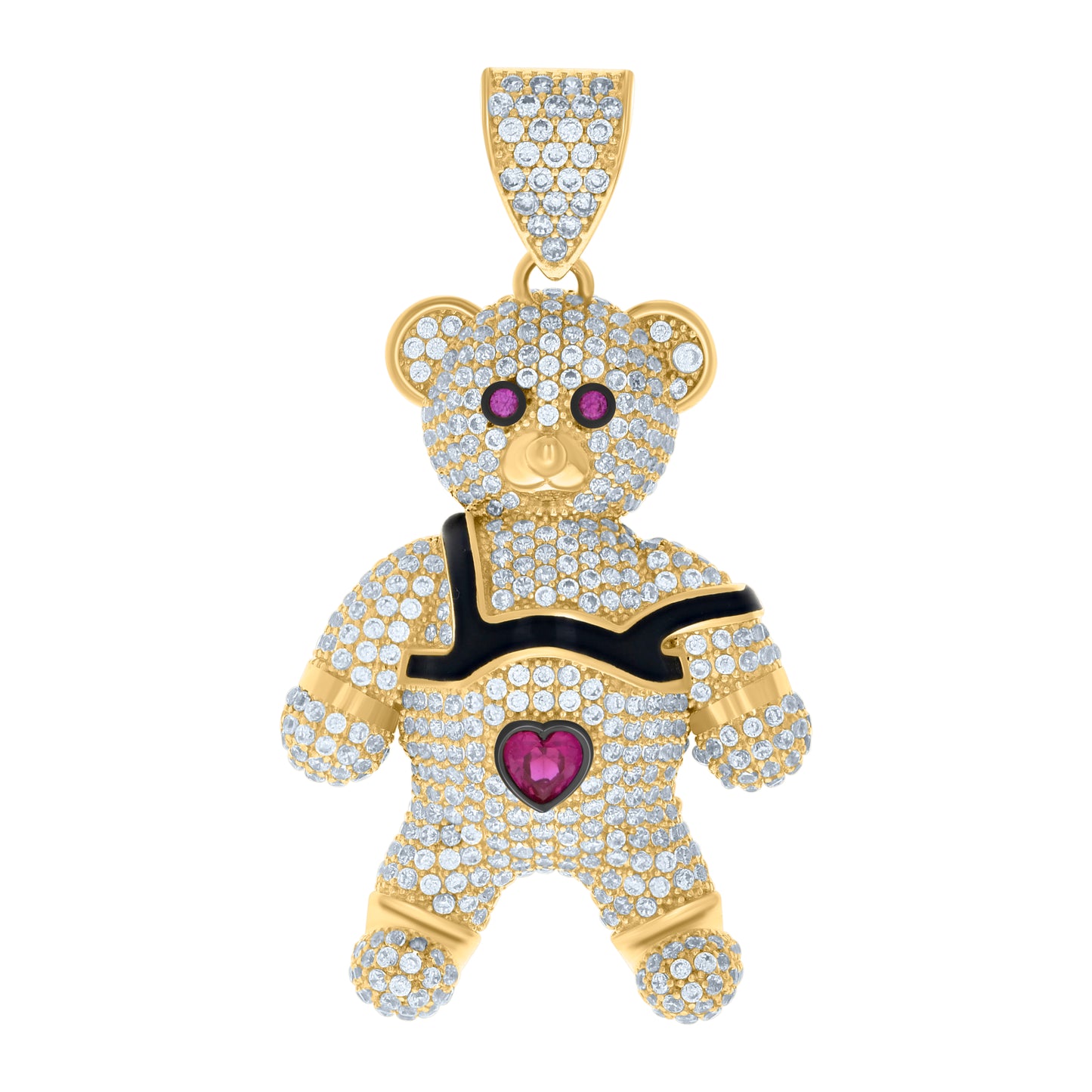 10k Yellow Gold Black tone Mens Pink White Heart Round Cubic Zirconia Teddy Bear Charm Pendant