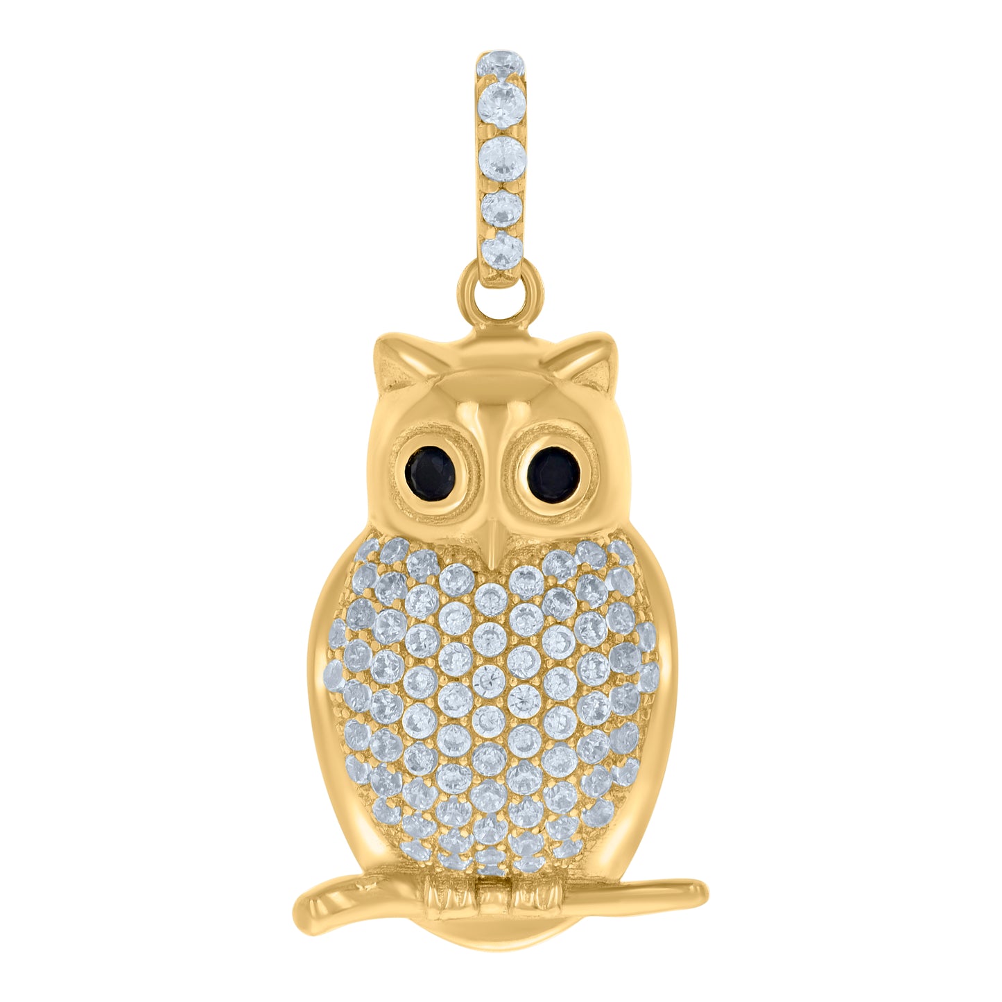 10k Yellow Gold Unisex Black White Cubic Zirconia Owl Bird Wildlife Charm Pendant